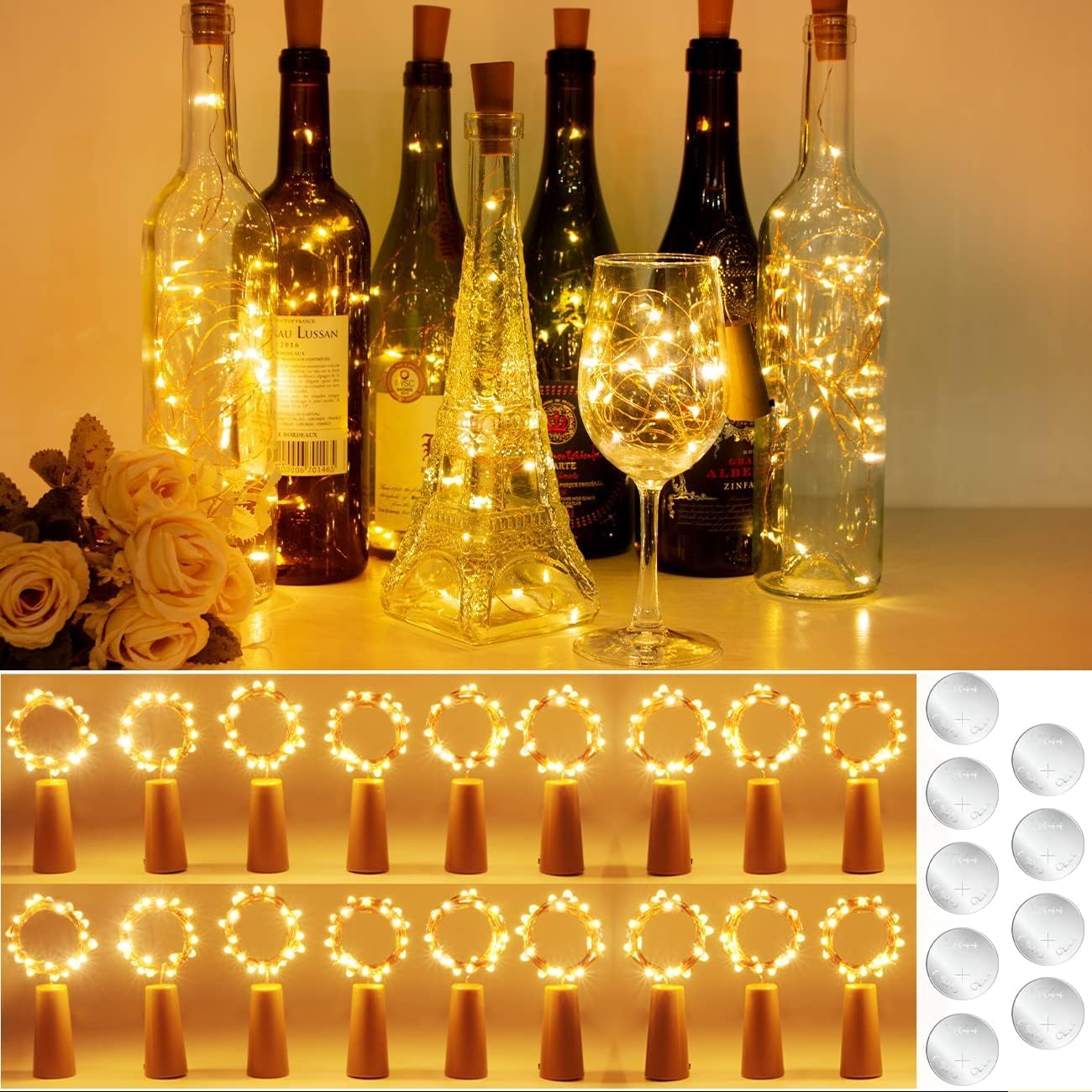 Led-lichtsnoer met batterij, 4 stuks, 3 m, 30 leds, koperdraad, lichtketting met timer, waterdicht, kerstdecoratie, lichtketting voor feest, huis, tuin, binnendecoratie, warmwit