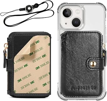 M-Plateau Phone Wallet Stick On with Adhesive and Removable Lanyard | PU Leather Card Holder with Zipper Coin Pocket Compatible with iPhone and Most Smartphones iPhone Case for Women Black