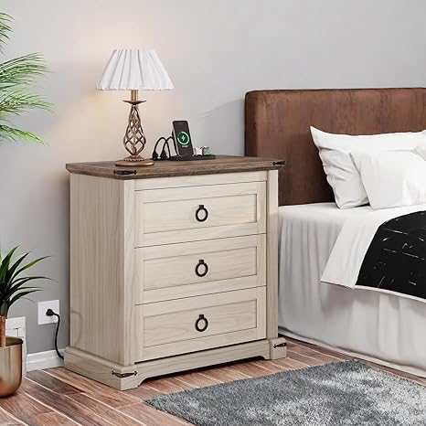 DWVO Nightstand with Charging Station, Tall Nightstand with 3 Drawers, Large Side Tables Bedroom, Farmhouse Bedside Table for Living Room, Sleeping Room, Off White