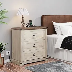 DWVO Nightstand with Charging Station, Tall Nightstand with 3 Drawers, Large Side Tables Bedroom, Farmhouse Bedside Table for Living Room, Sleeping Room, Off White