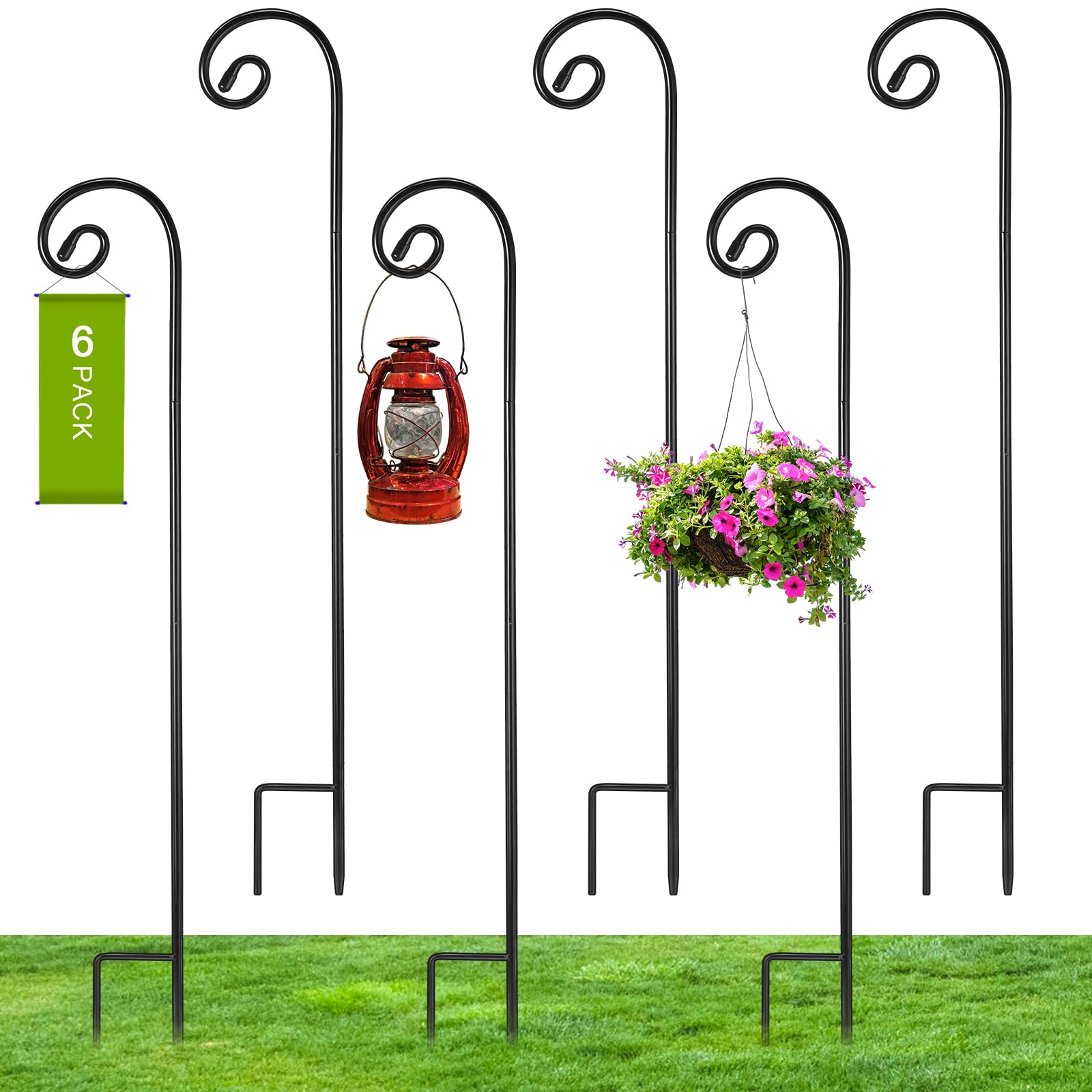 Hicarer 6 Pcs Shepherds Hooks for Outdoor 1/3 Inch Thick Metal Curled Garden Hooks Adjustable Bird Feeder Pole for Hanging Lanterns Plant Baskets