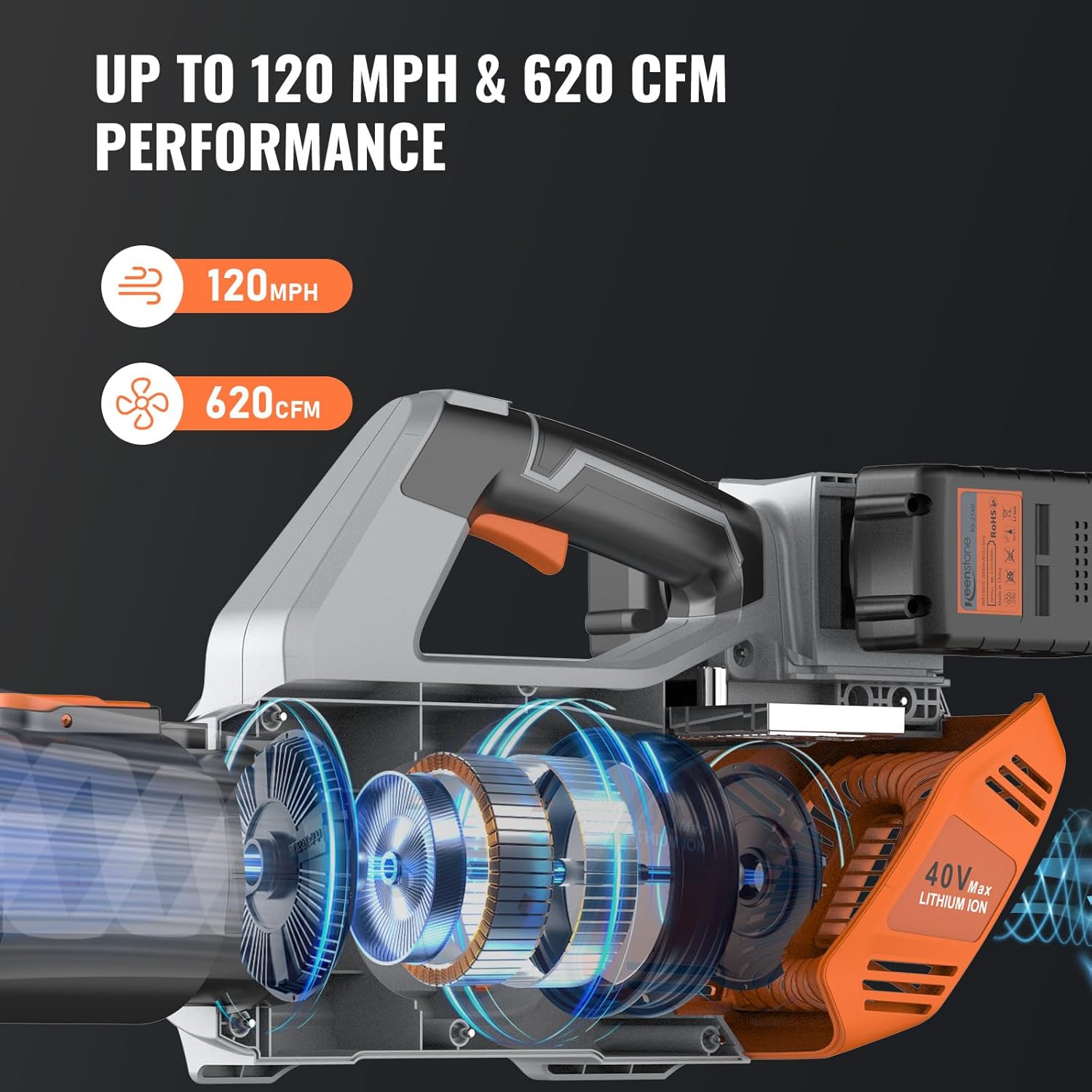Keenstone Leaf Blower, Cordless Leaf Blowers Max 620-CFM 120-MPH with 2 * 4000mAh Batteries and 2*Fast Chargers, Lightweight Leaf Blower Cordless with 3 Speed Modes for Patio, Lawn, Yard, Leaves - Image 2