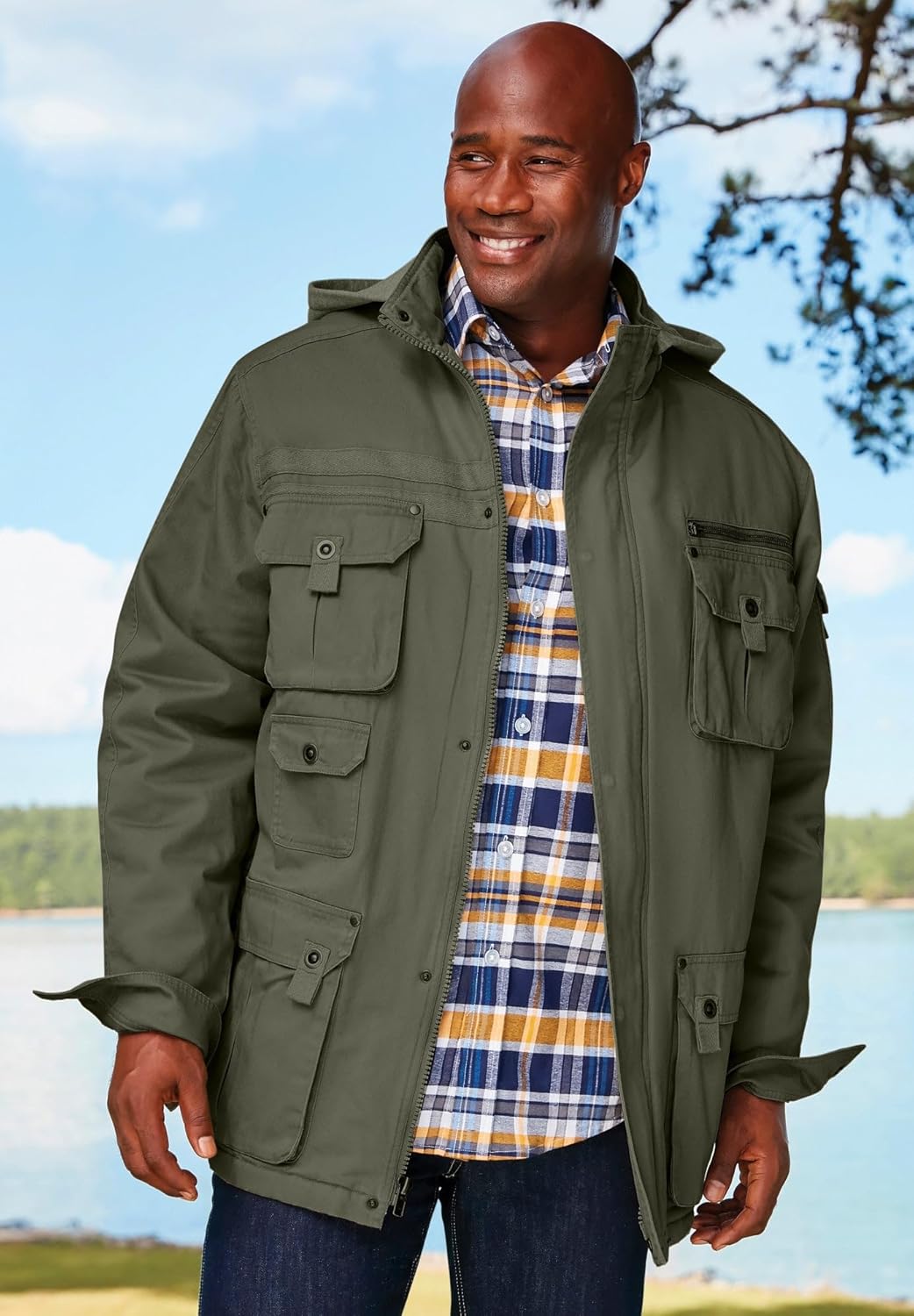 Boulder Creek by KingSize Men's Big & Tall 9 Pocket Twill Utility Jacket With Removable Hood