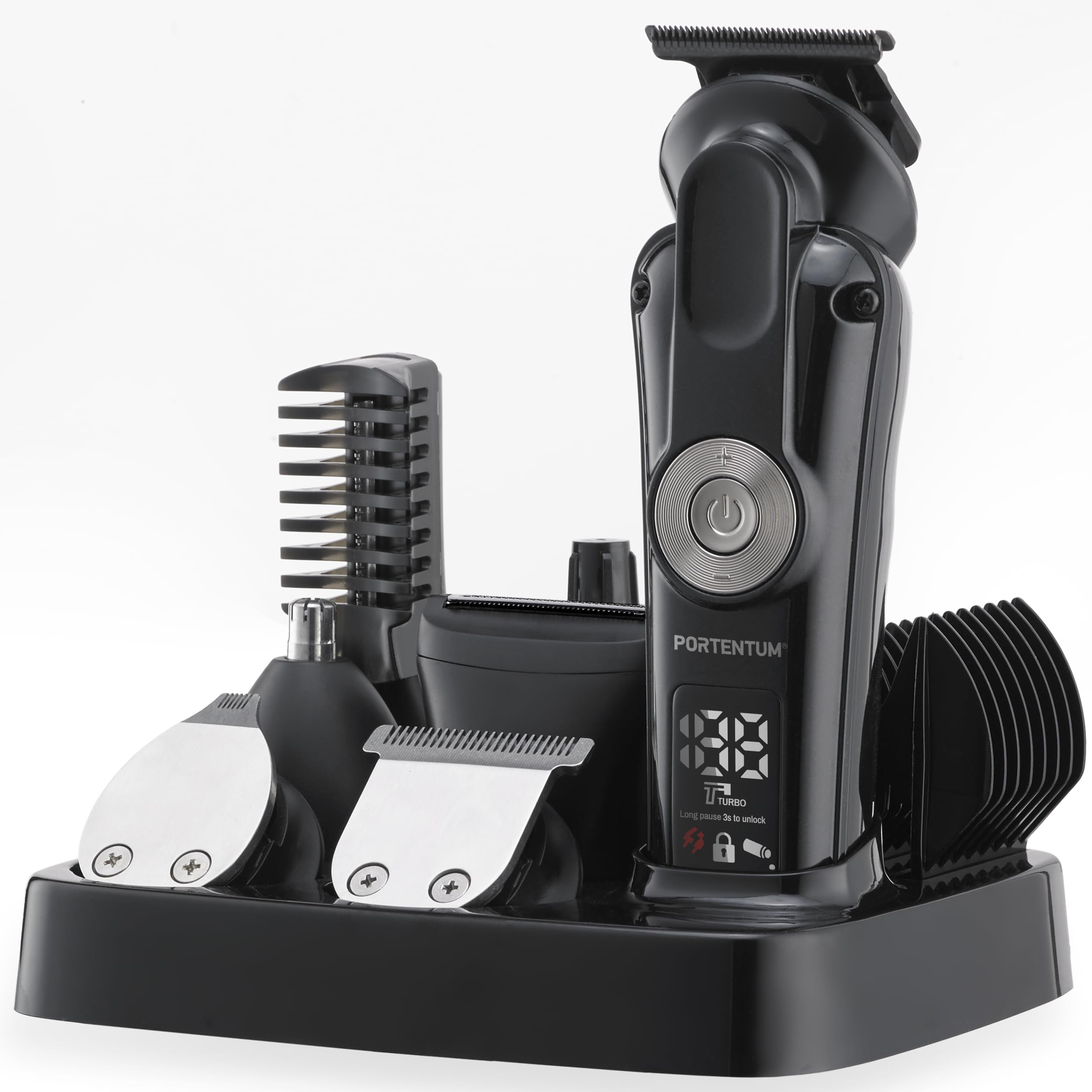 PORTENTUM Tondeuse barbe homme – Lot 21 pcs – LED – Rasoir Électrique Visage et Corps – Tondeuse Cheveux Polyvalente – 6 Têtes – 7 Sabots – USB-C – Autonomie 120 min – Support Organisateur Sans Fil