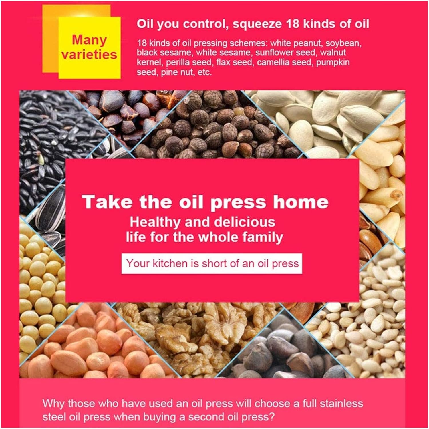 Automatic Oil Press Machine Extractor Home Electric Commercial Grade Stainless Steel Oil Press Extractor 610W Easily Extract Nut Peanut Sesame Rapeseed Walnut Oil 220V