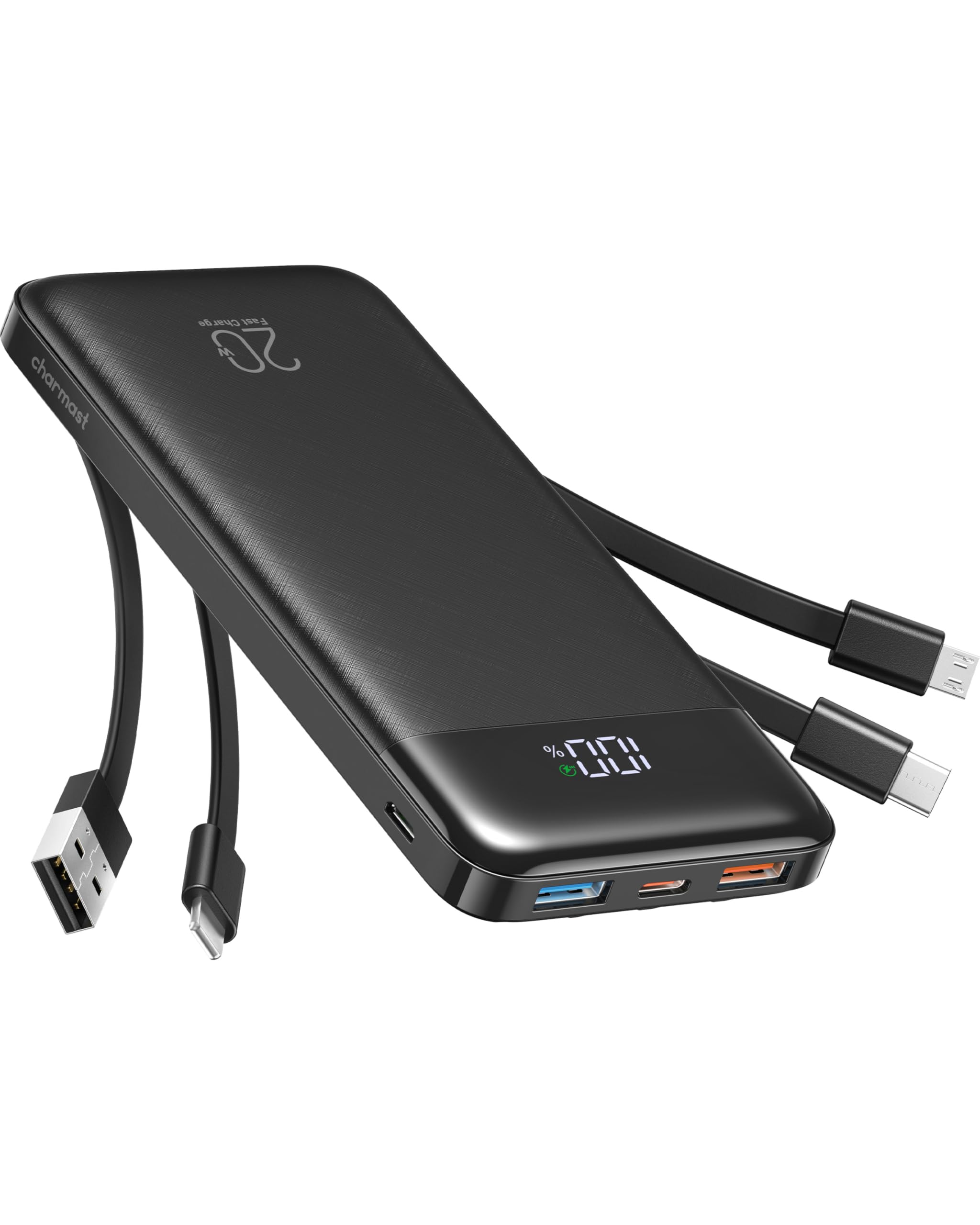 Charmast 20000mAh Power Bank with 4 Built-in Cables, 22.5W Fast Charging Portable Charger for iPhone, Android, iPad, No Extra Cords Needed for Travel, Work, Emergency