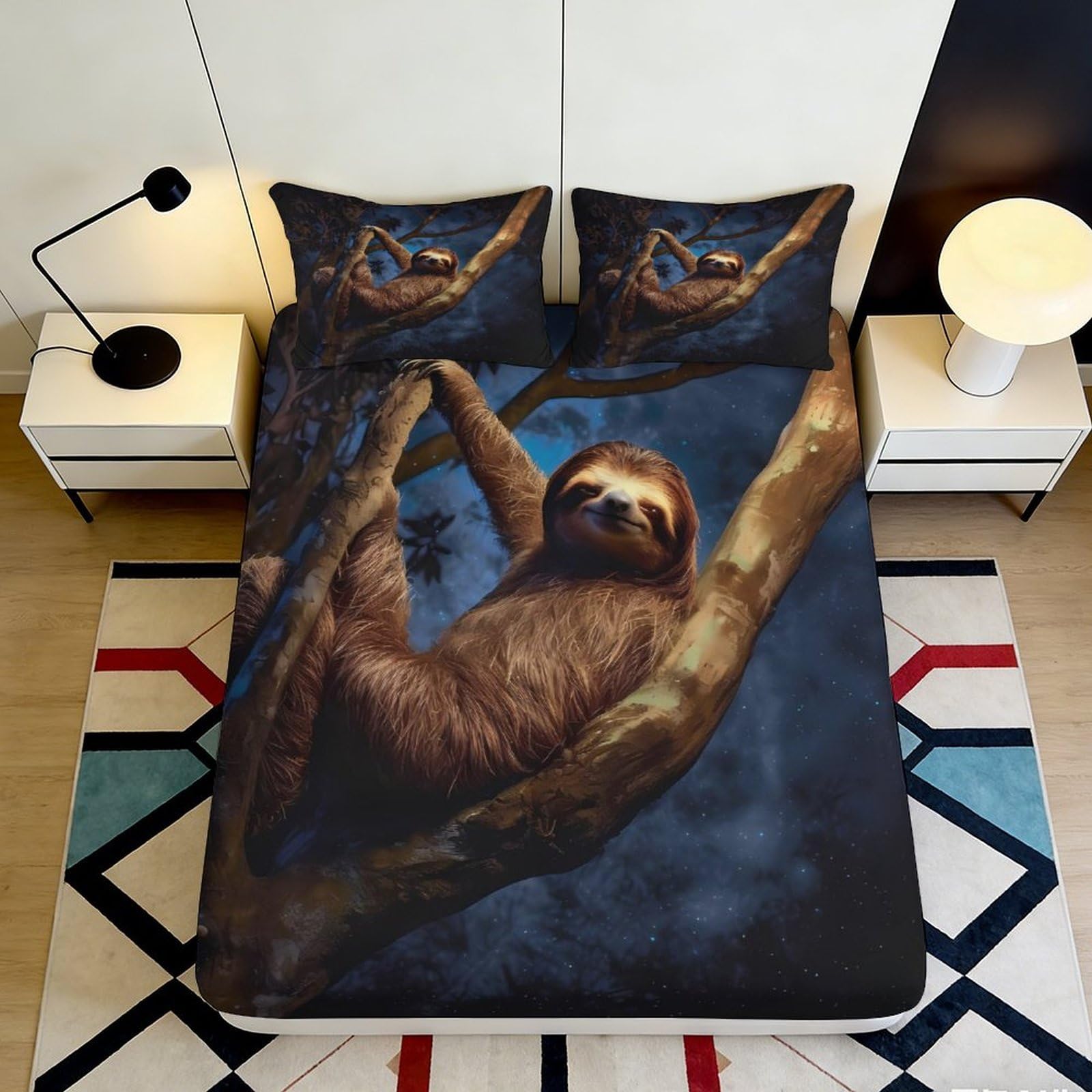3D Printed Sloth Night Forest Fitted Sheet Microfiber Soft Mattress Cover Anti-Slip for Bedroom Dorm Home Decor 200x200x25cm