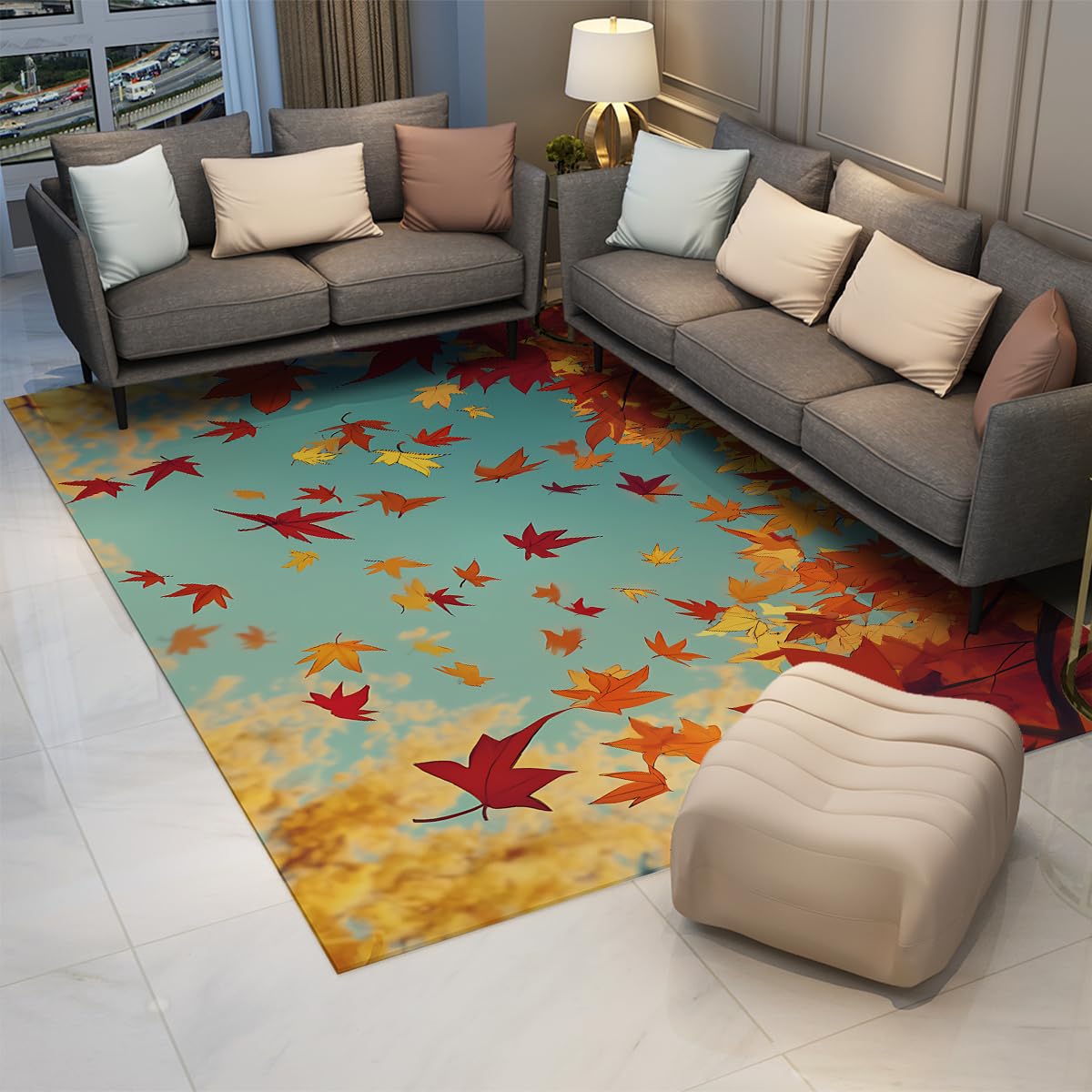 Tapis à poils ras doux et confortable décor moderne chutes feuilles d'érable