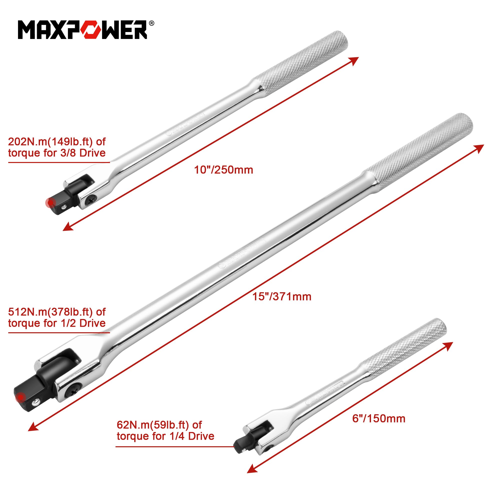 MAXPOWER 3Pcs Breaker Bar Set, 1/2" Drive Breaker Bars for 370mm/15-inch - Image 2