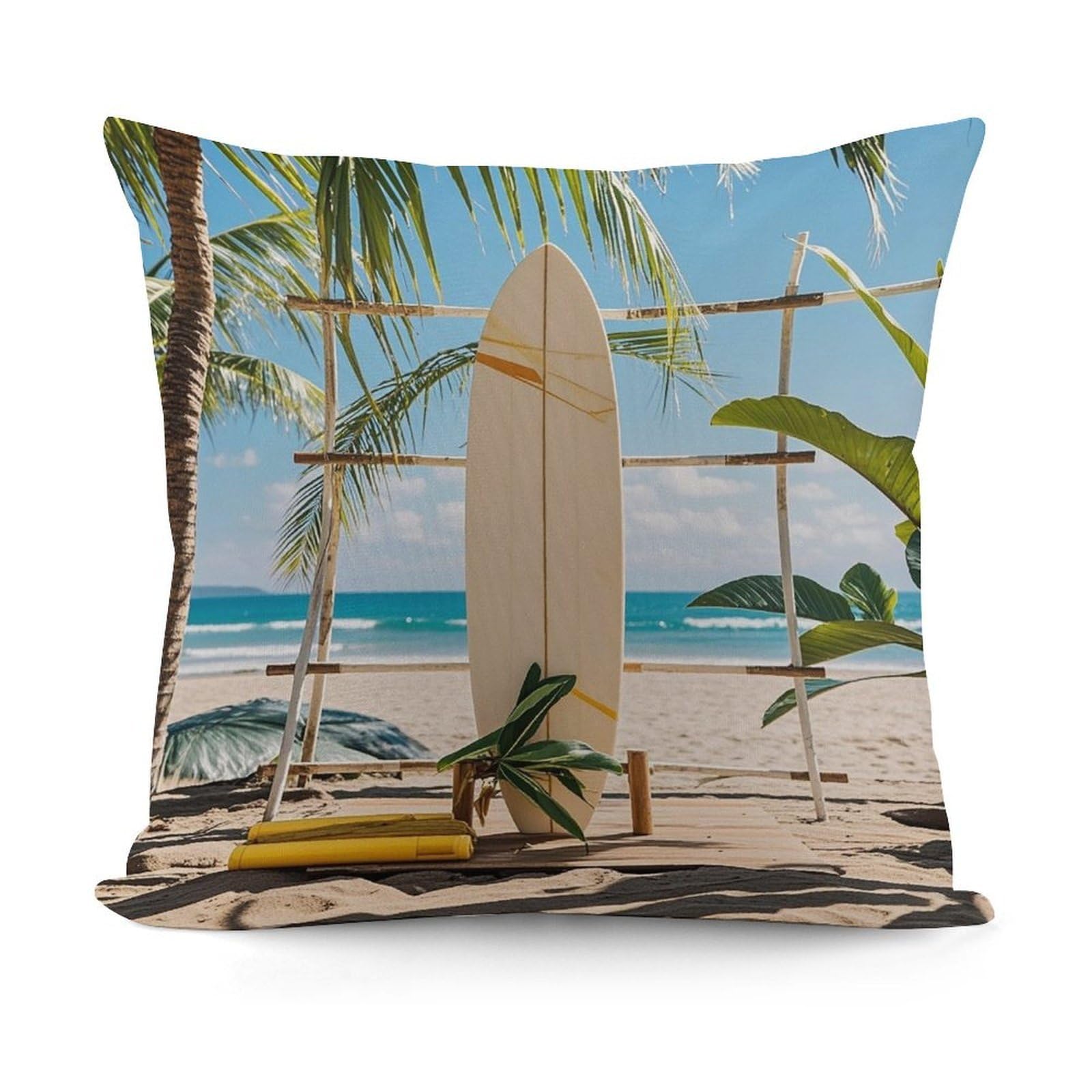 LZQPOEAS Surfboard on Wooden Throw Pillow Cover 18x18 in Breathable Square Pillow Case Cozy Soft Pillowcase Protector Fashion Modern Couch Cushion Case for Living Room Bed Sofa Decor