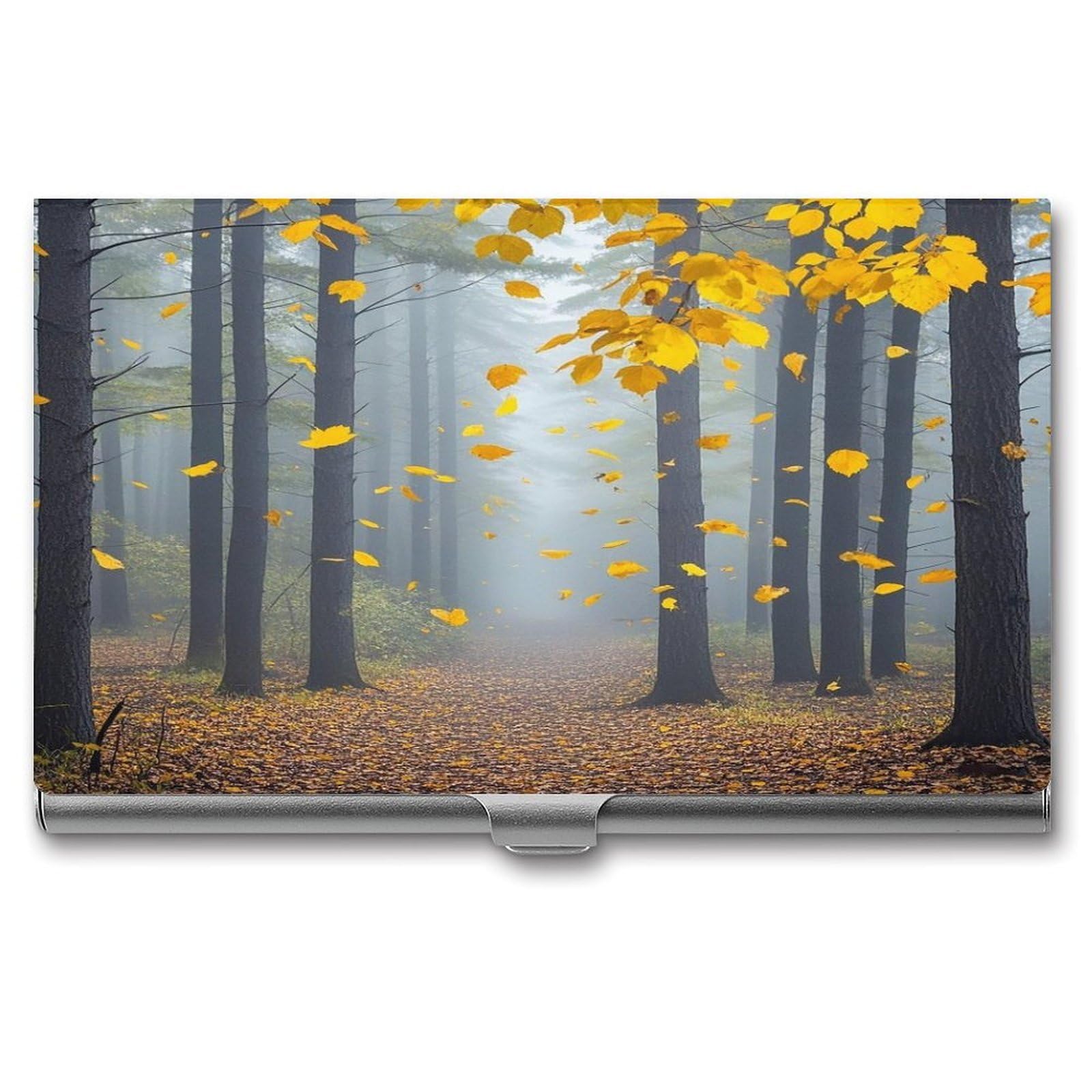 FekiLoot Autumn Leaves Flying in The Misty Forest Business Card Holder Aluminum Alloy Business Card Case Convenient to Carry Business Card Dispenser for Men Women