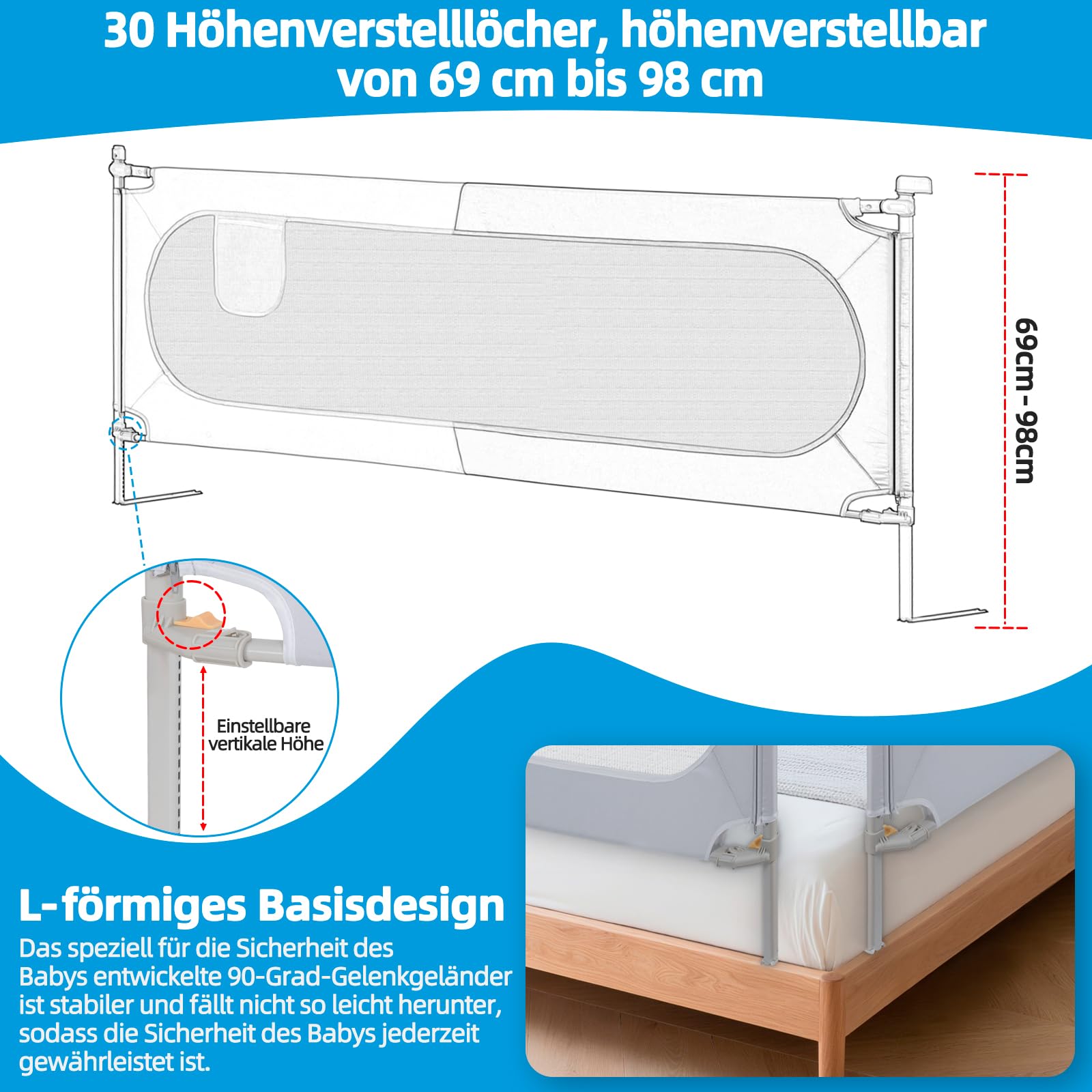 OUUTMEE Griglia di protezione per letto, 200 cm, pieghevole, protezione da caduta, 30 posizioni, regolabile in altezza, motivo a blocchi di colore grigio e bianco