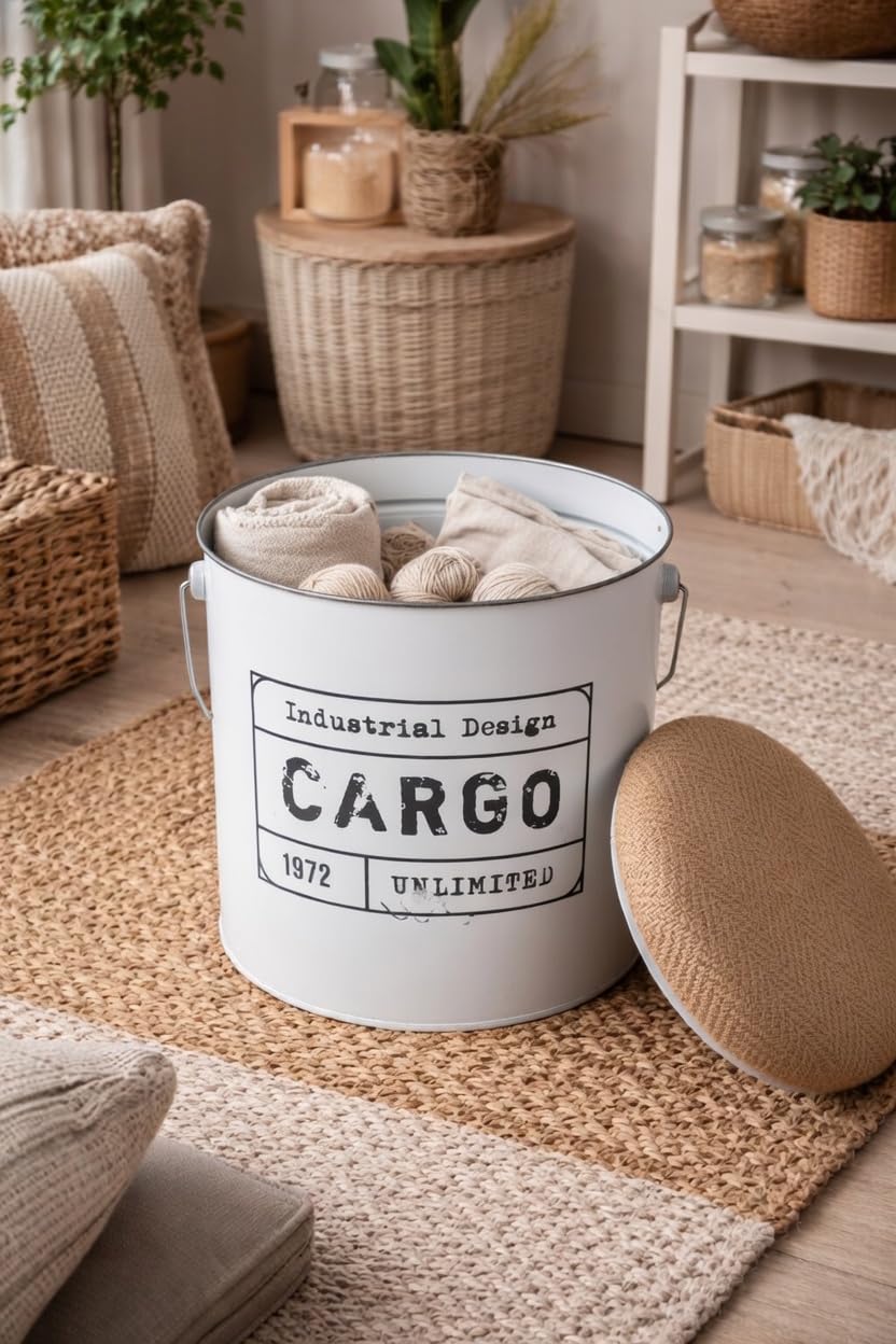 Sgabello Pouf contenitore in stile industriale 31x40 cm,Bianco, Sgabello decorativo in metallo camera da letto e soggiorno, Coperchio/seduta Morbida(FIL 61125 Bianco)