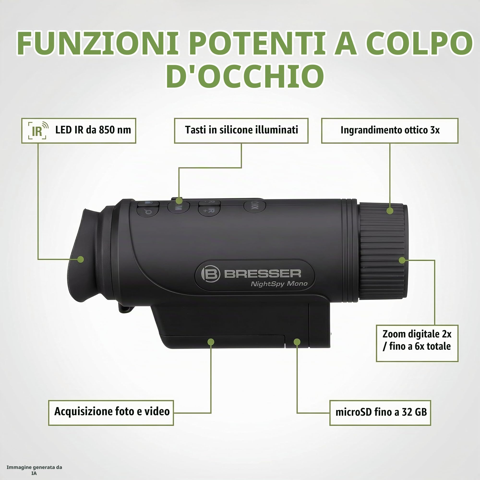 Bresser NightSpy Mono - Dispositivo di visione notturna digitale con illuminazione a infrarossi e fotocamera | ingrandimento ottico 2x, portata di visione notturna 100 m, batteria e custodia inclusa