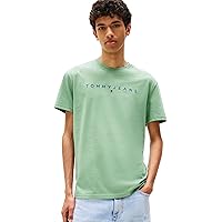 Tommy Jeans Uomo T-Shirt Maniche Corte Linear Logo Cotone, Verde (Cloudy Jade Multi)