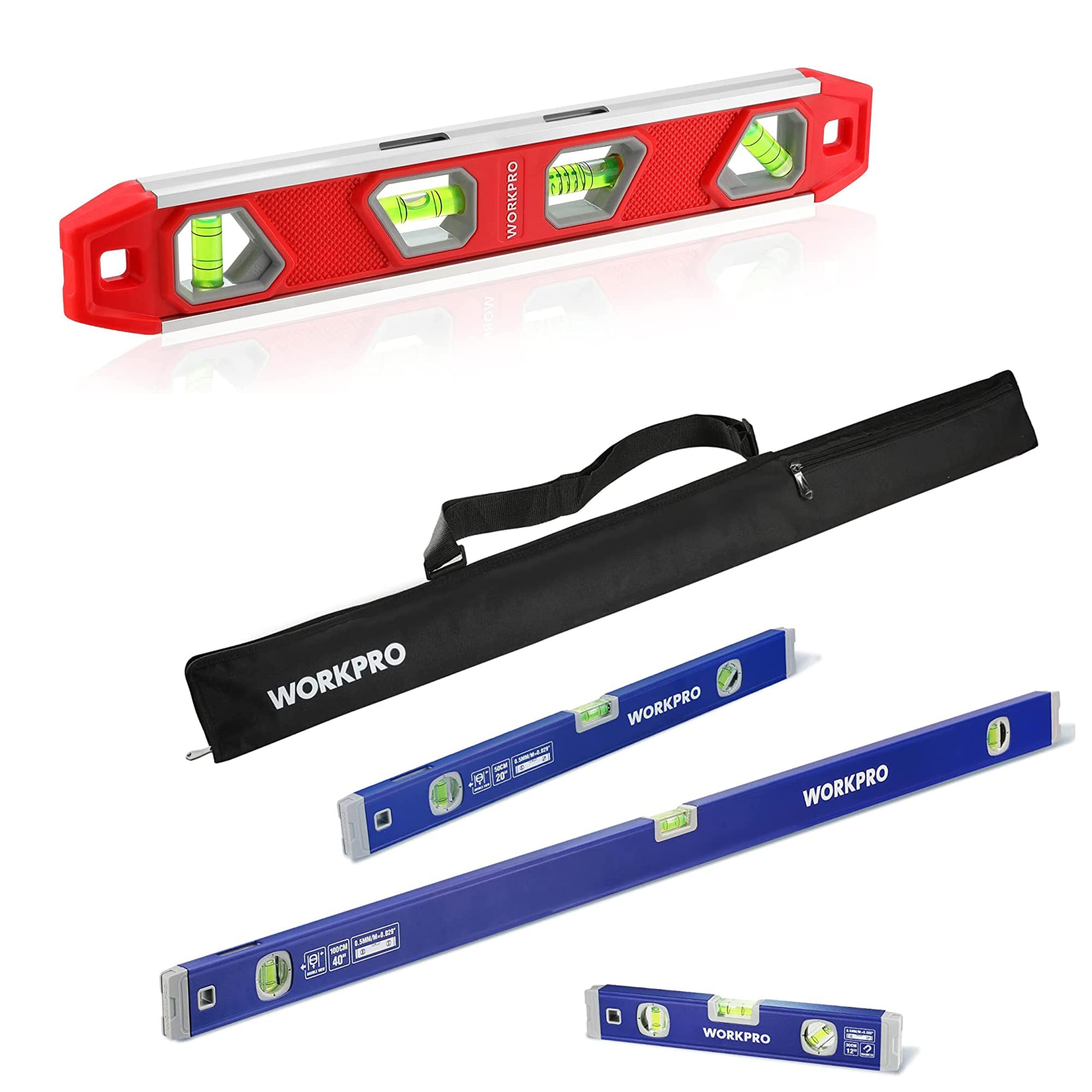 WORKPRO 12 Inch Torpedo Level and 3-Piece Spirit Level Set