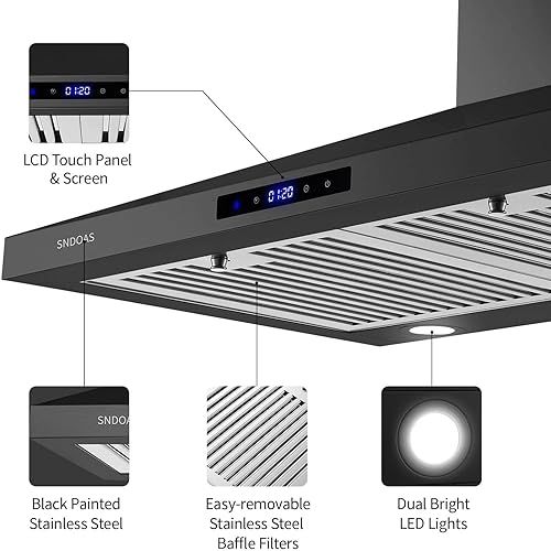 Miniatura 2 de SNDOAS Campana extractora negra de 30 pulgadas, campana de cocina de acero inoxidable montada en la pared con controles táctiles, convertible con