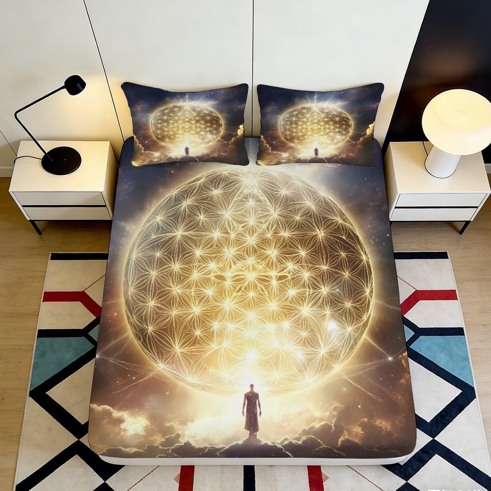 3D Printed Golden Sphere Fitted Sheet Microfiber Soft Breathable Cosmic Nebula Bed Sheet for Bedroom Dormitory Guest Room Mattress Protection 200x200x25cm