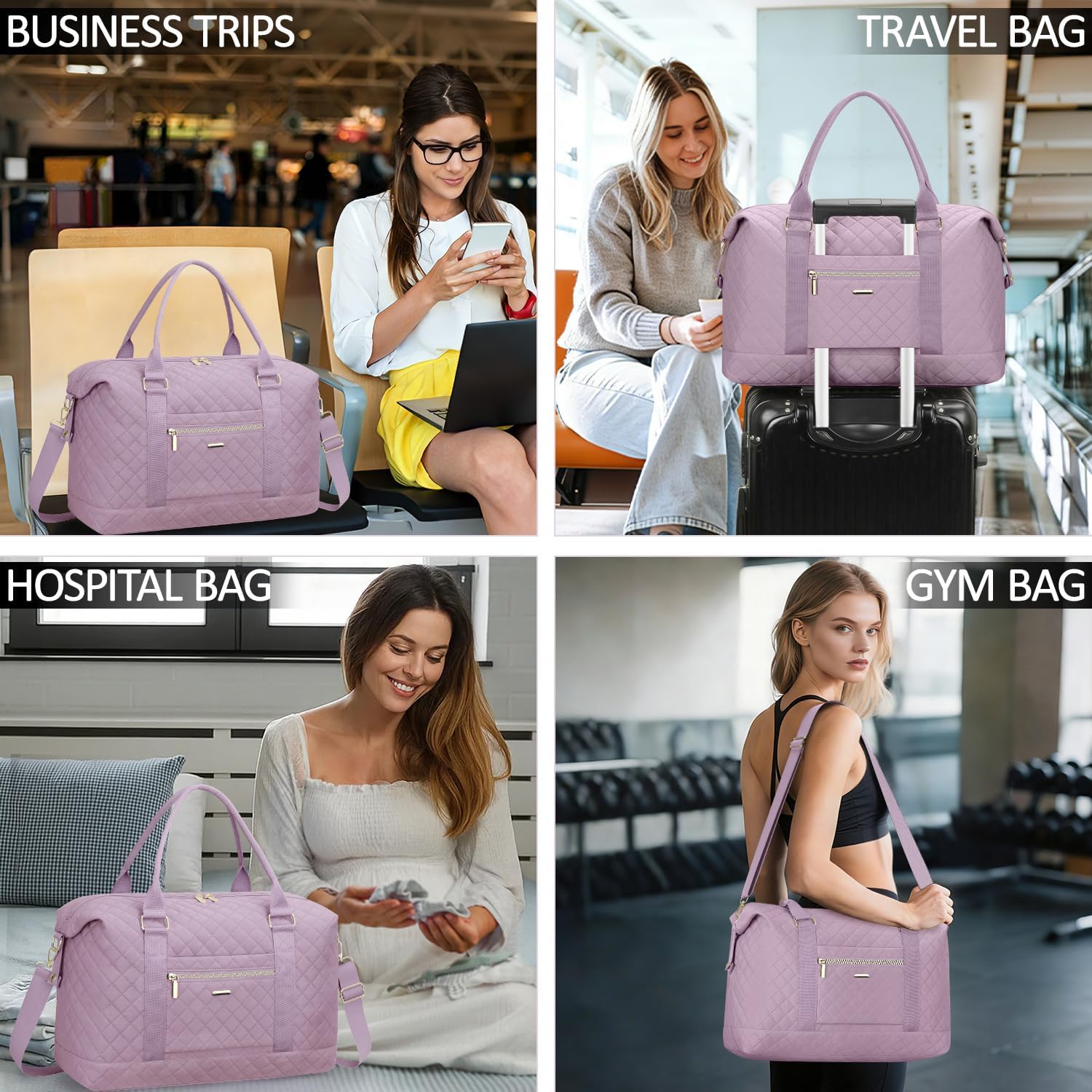 Tenot Quilted Travel Duffle Bag for Travel Women with Toiletry Bag, Large Weekender Bags for Women Carry on Duffel Overnight Bag, Waterproof Travel Tote Bags for Sports, Weekender, Business, Purple