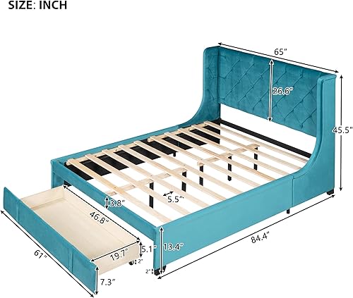 Miniatura 102 de SOFTSEA Cama de plataforma tapizada tamaño Queen con cajón de almacenamiento, marco de cama tapizado con cabecera con respaldo de alas, soporte de