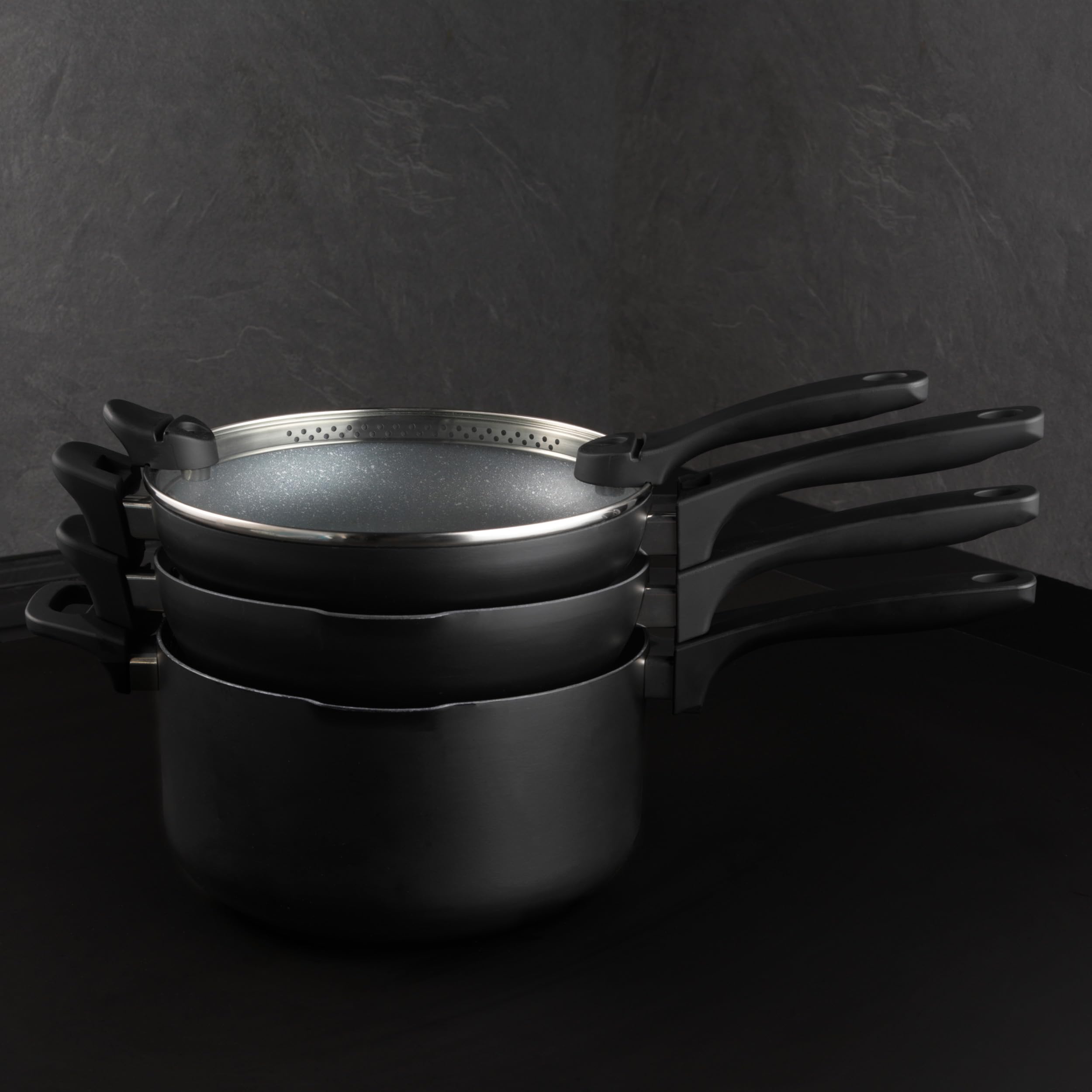 Russell Hobbs RH01840 stapelbares 4-teiliges Pfannenset, antihaft 24cm-Kochtopf, Wok, Bratpfanne und universeller Glasdeckel, PFOA-frei, Batch Cooking, platzsparend, Ausgießlippe, Induktion