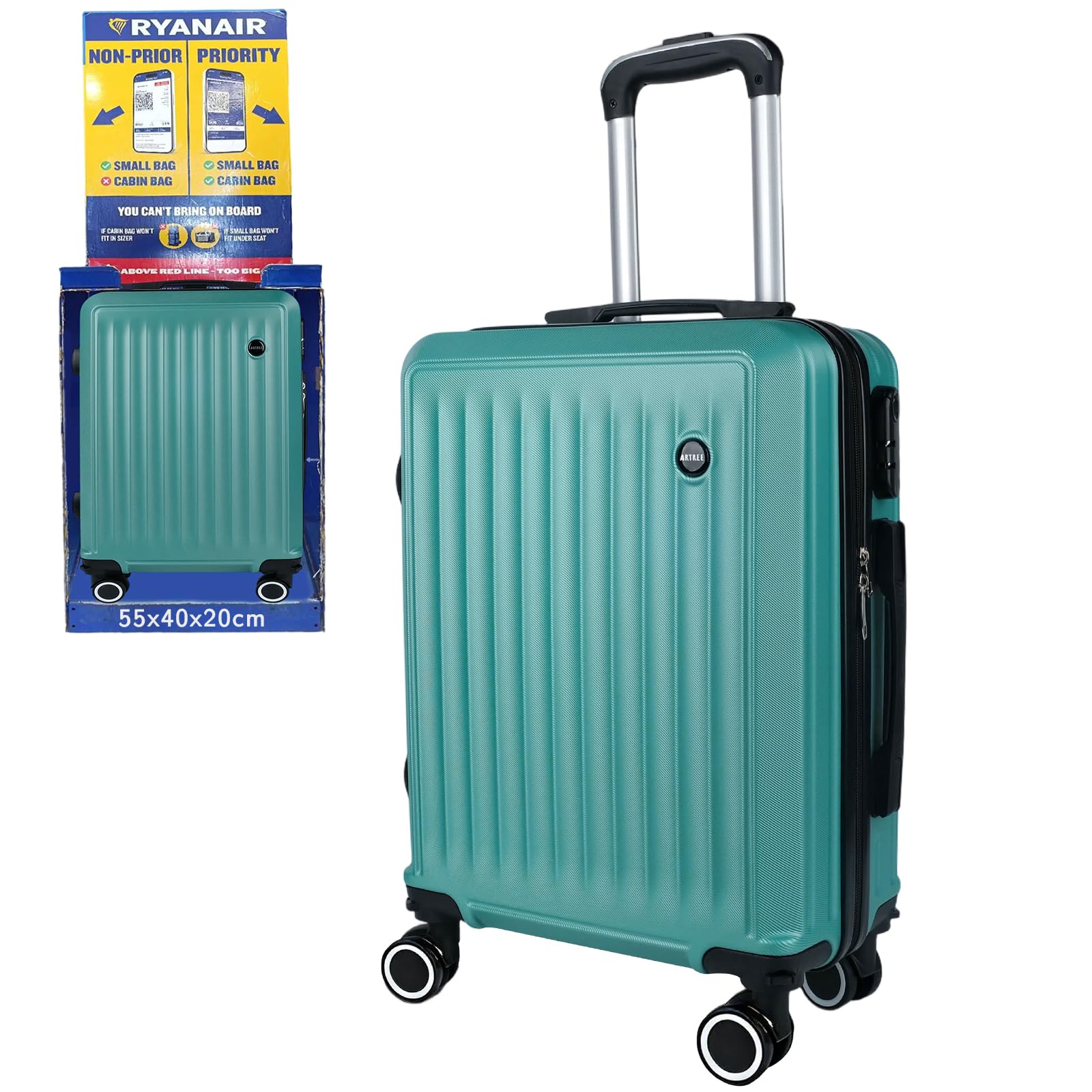 Maleta de Cabina 55x40x20cm, Trolley de Cabina Rígido Resistente Ligera de ABS Ruedas 360° con Tirador telescópico y Cerradura Seguridad, Apto para Vueling, Ryanair, EasyJet(Verde Metalizado)
