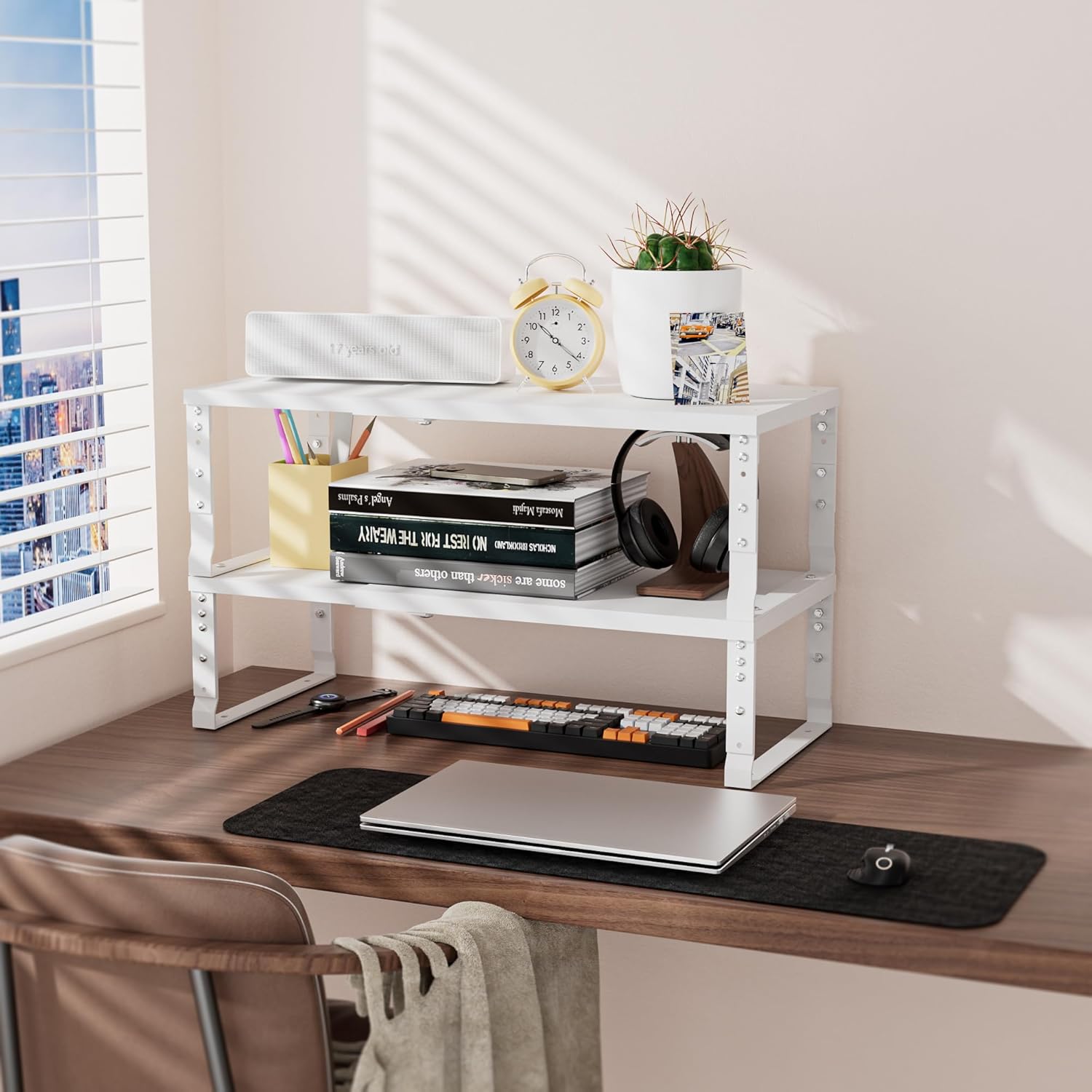 Adjustable Metal Shelving Unit, Stackable & Expendable Storage Rack for Home/Office/Kitchen, Space-Saving，Sturdy&Durable，Easy Assembly（1PACK/Medium/White