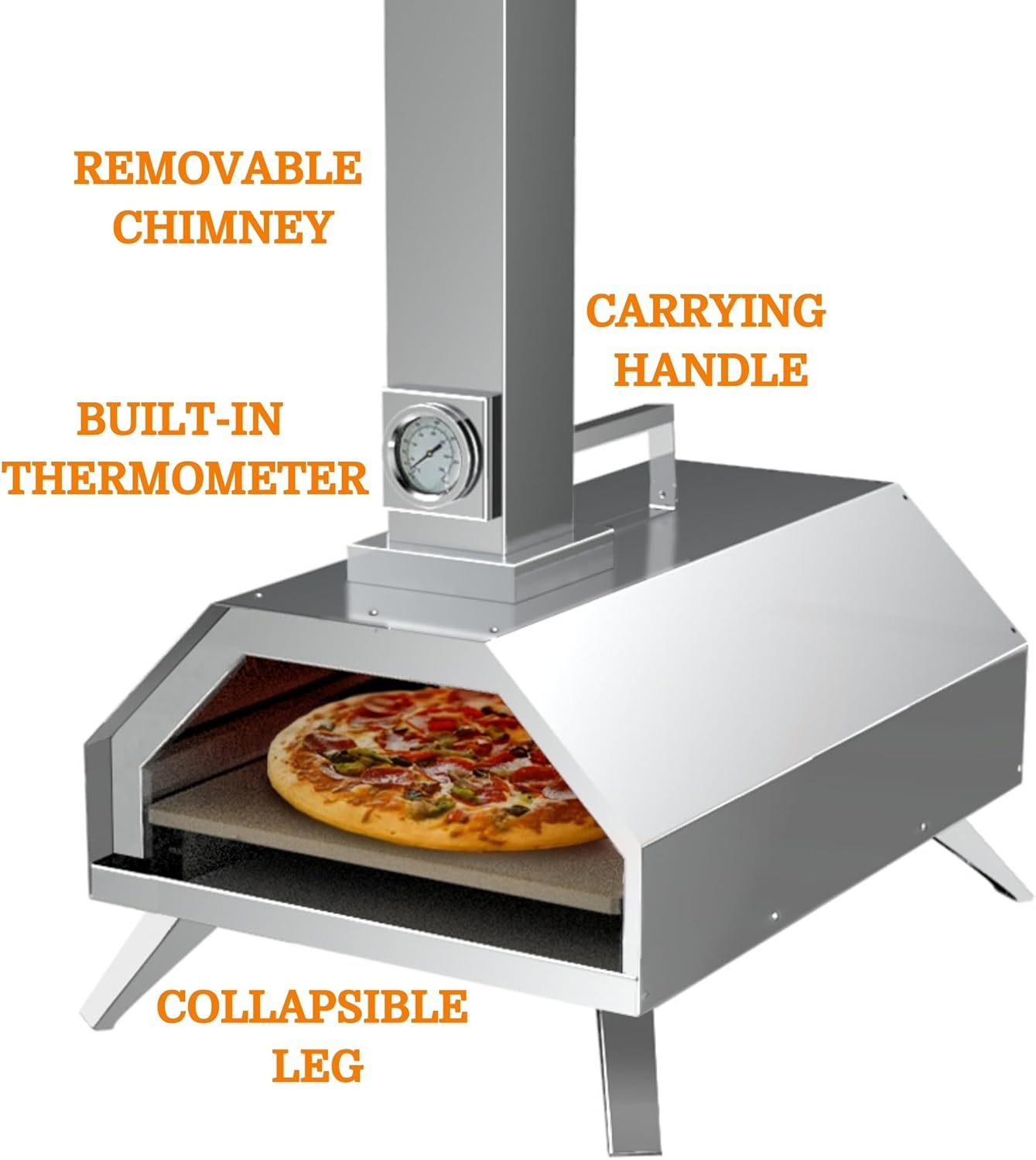 IULULU Outdoor Pizza Oven + Peel Stainless Steel Portable Wood Pellet PizzaOvens with 11-Inch Cordierite PizzaBaking Stone & Foldable Legs for Home-Make Bakery Party Gathering, Silver