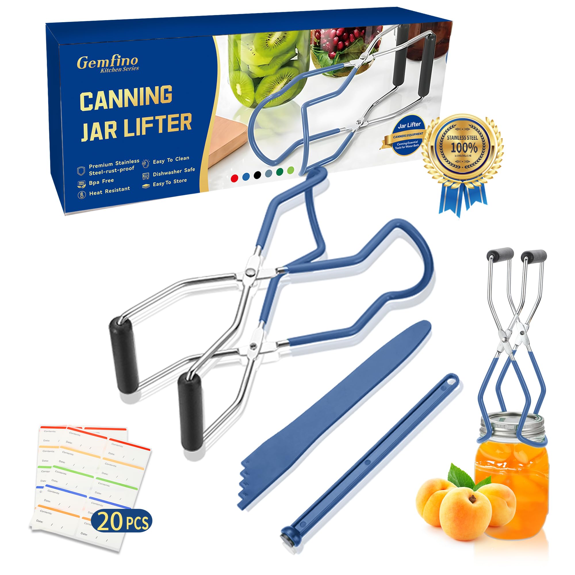 Canning Jar Lifter Tongs with Jar Lid Lifter Magnetic Lid Lifter,Canning Bubble Popper Bubble Remover and Canning Labels for Canning Supplies Starter Kit,4Pcs Canning Tools-Blue