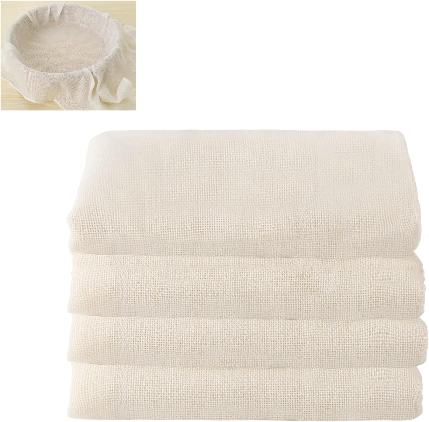 4 x Food Cheesecloth, Muslin Fabric - Unbleached Cotton - Ultra Fine Washable - Anti-Heat Cheese Cloth for Filtering Juice, Cheese, Tea, Spices, 50 x 50 cm