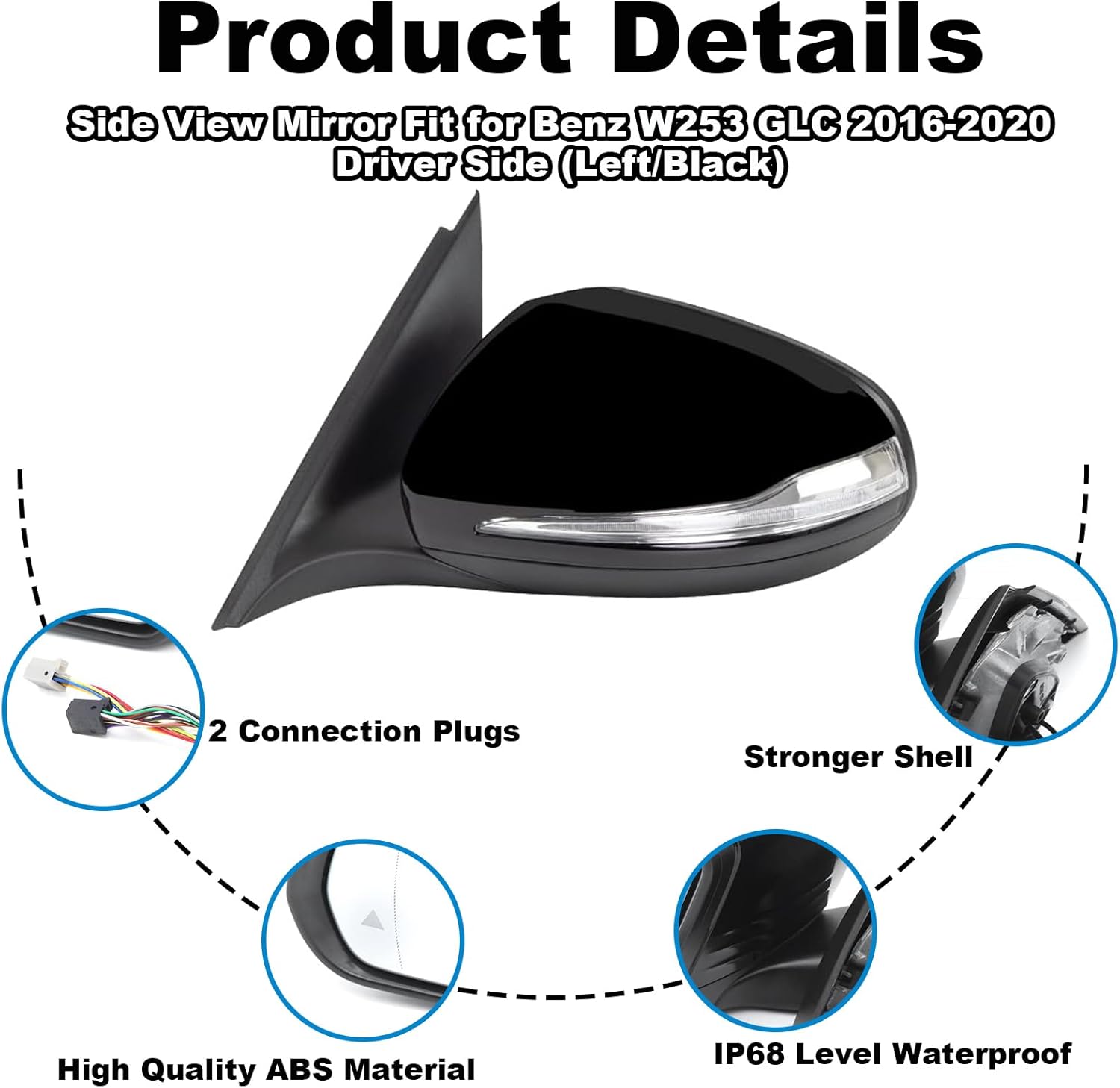 Driver Side Mirror Fit for 2016-2020 Mercedes Benz W253 GLC200 GLC300 GLC260 Car Rear View Mirror Assembly Side Door Mirrors for Mercedes Benz Accessories Folding, Heating, Floor Light, Blindspot