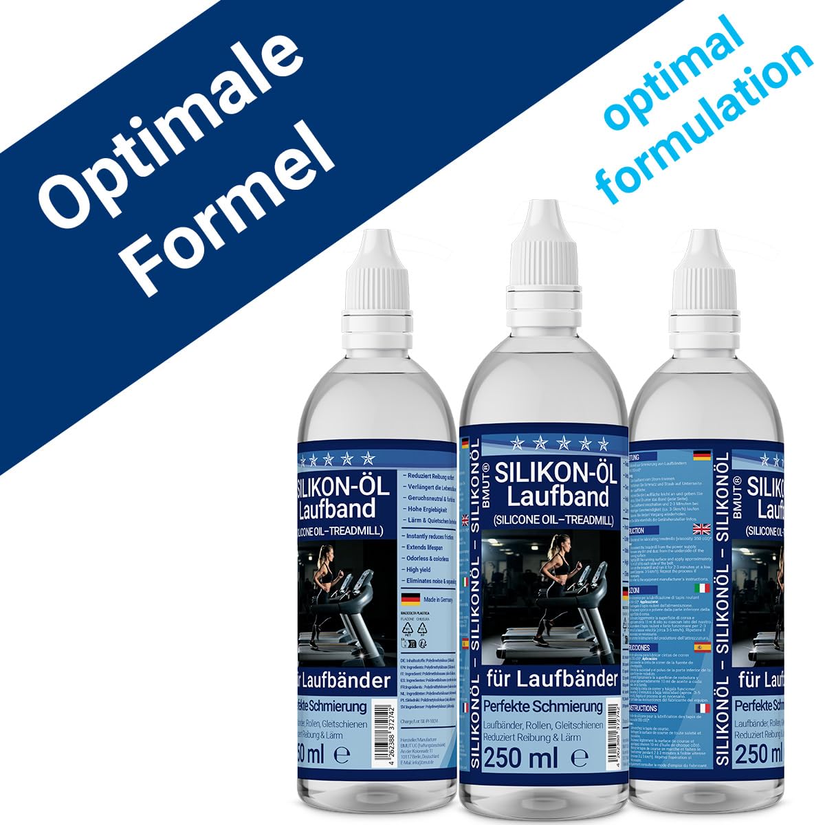 BMUT Olio di silicone puro da 250 ml al 100% per tapis roulant – olio premium con punta dosatrice di precisione & pipetta lunga – universale per tapis roulant, attrezzature per il fitness, spinning