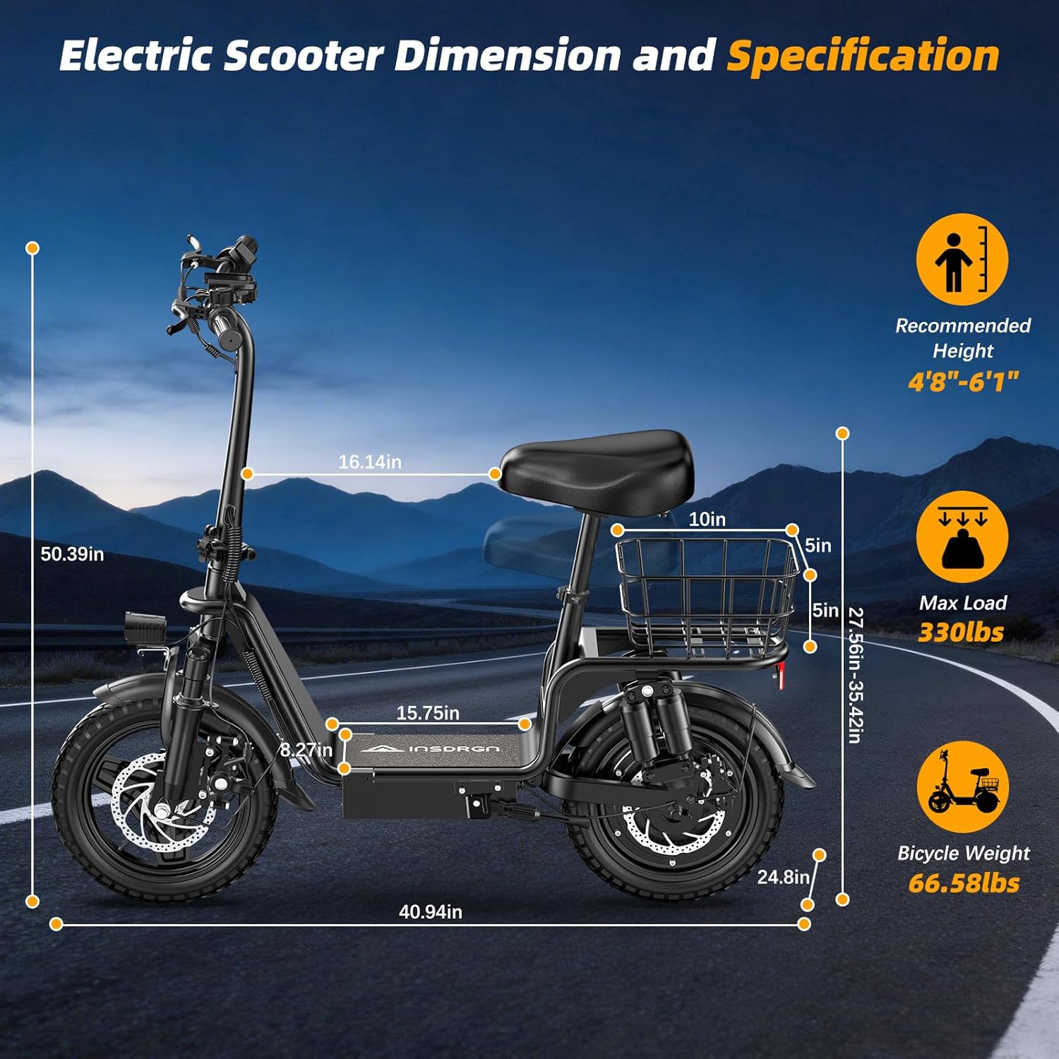 INSDRGN Adults Electric Scooter with Seat, Peak 1300W Motor with 48V 13AH Battery,14" Tires,20MPH,35Miles Range and Dual Disc Brakes,330lbs Max Load