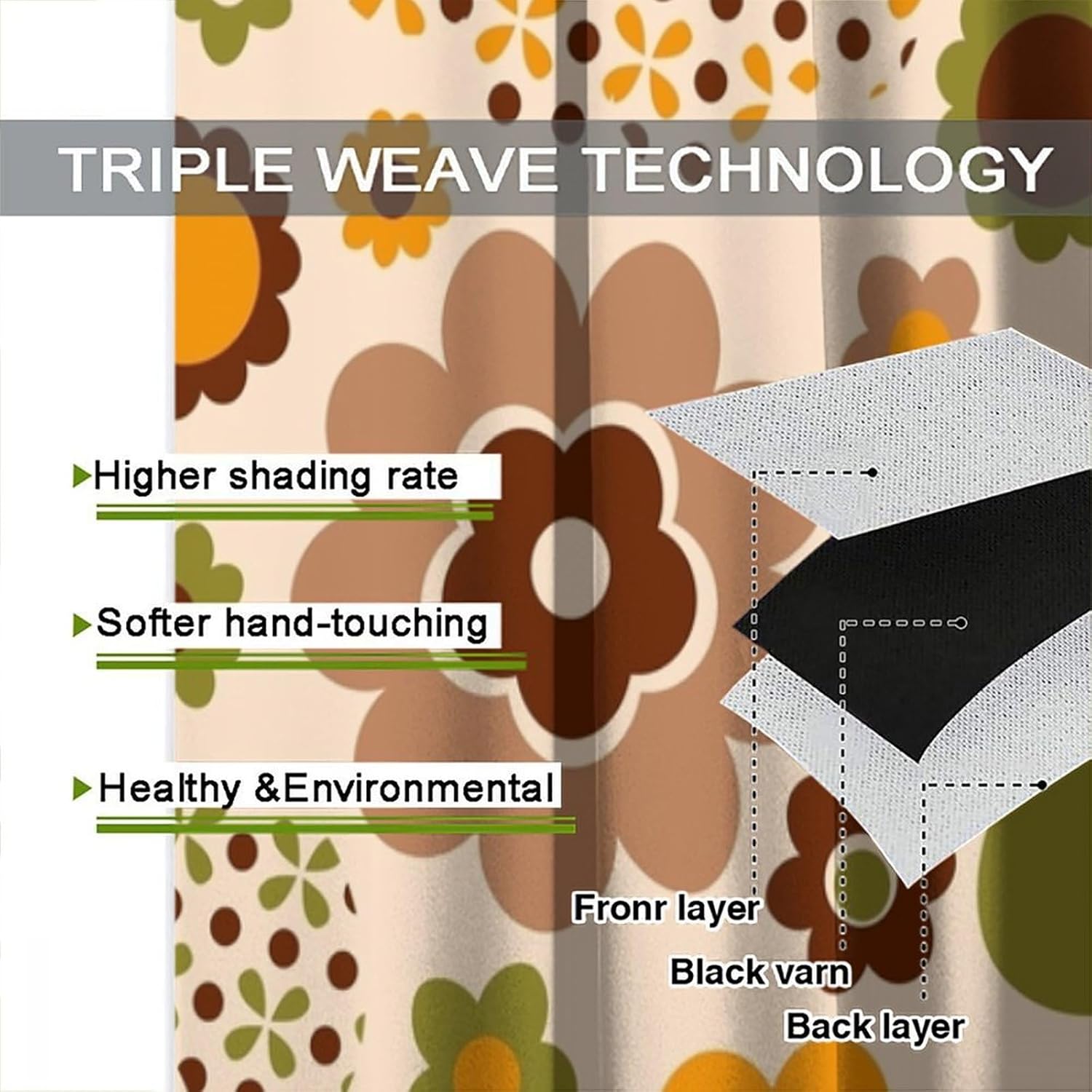 70s Flowers Blackout Curtains, Retro 70s Groovy Boho Rustic Flowers Abstract Farmhouse Print Rod Pocket Window Treatments Drapes for Living Room Bedroom Dining Room 42" W X 45" L