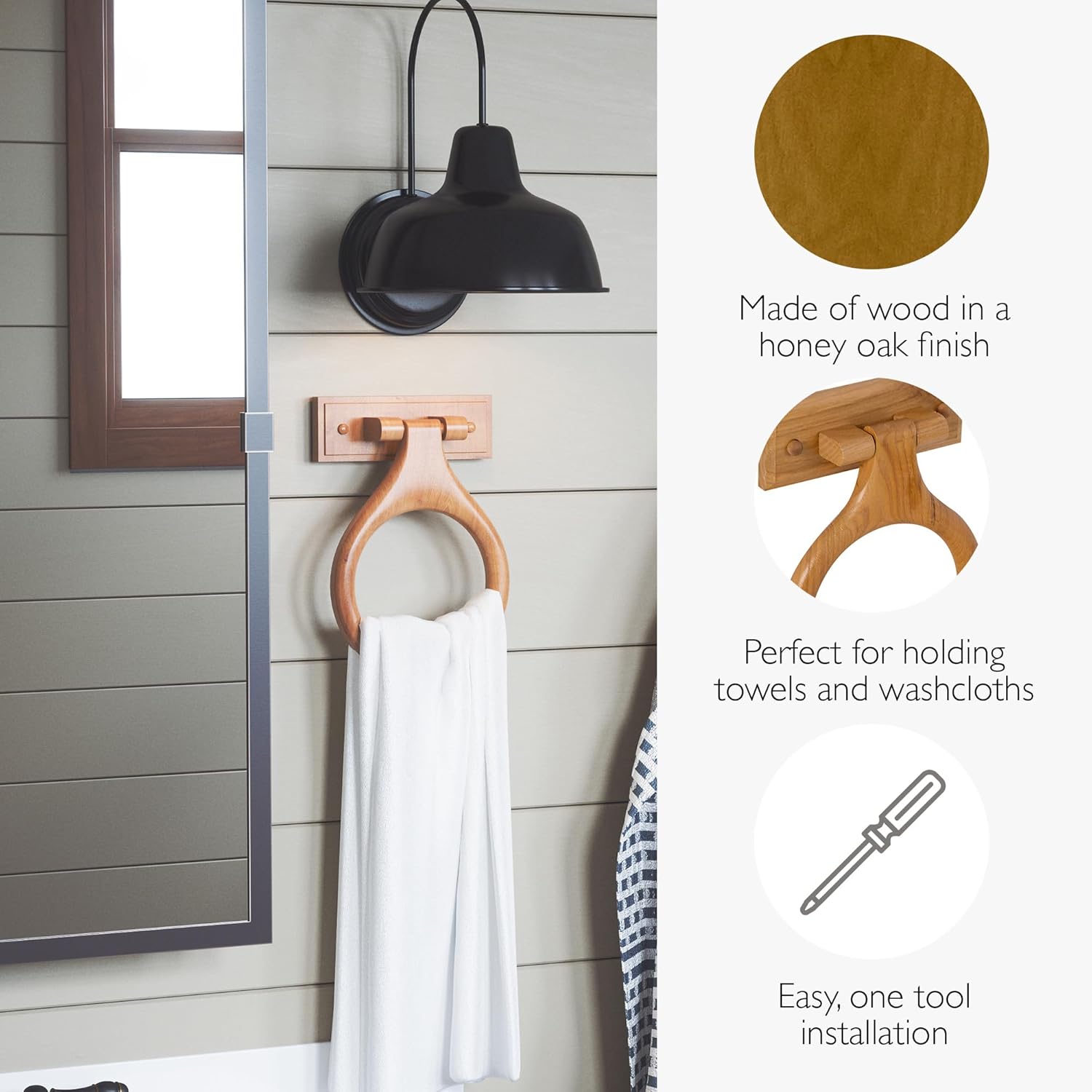 Dalton 4-Piece Bathroom Accessory Set, Honey Oak, Includes Towel Bar, Towel Ring, Toilet Paper Holder, and Robe Hook – Design House, 561258