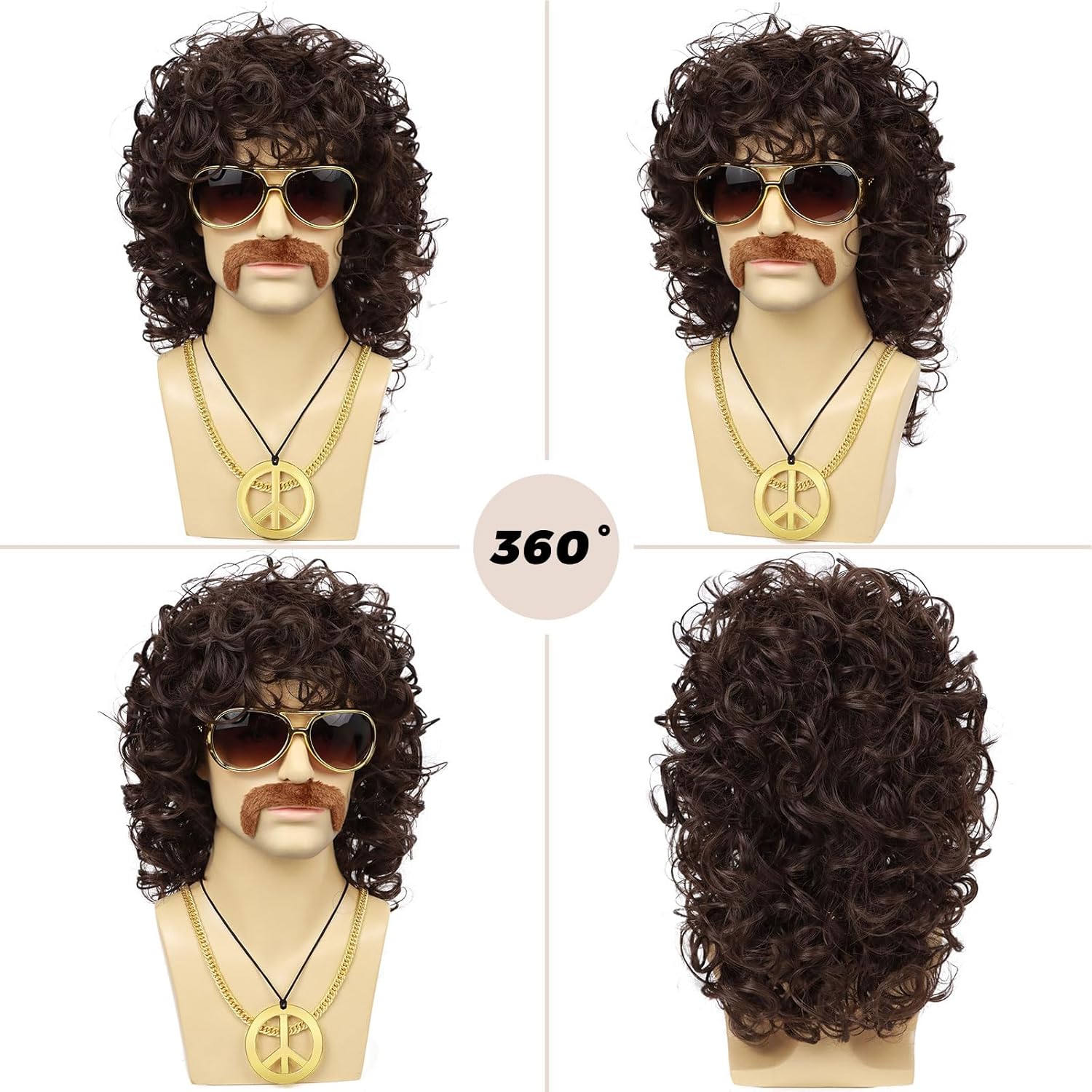 70s Mens Brown Wig+Glasses+Golden Chain+Peace Sign Necklace+Mustache+Wig Cap Long Curly Funny Synthetic Wigs for Retro Outfit Men Party Hippies Rocker Costume Cosplay Halloween(6pcs Set) - Image 4