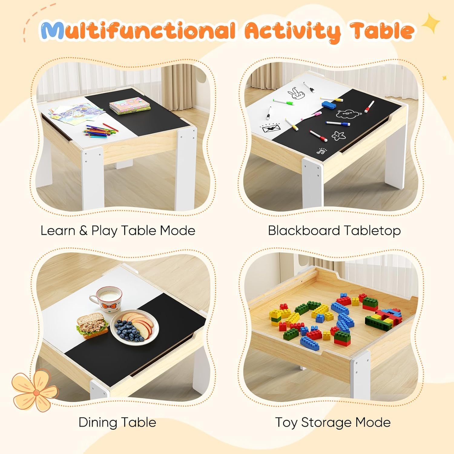 Conjunto de mesa y silla para niños, mesa y silla para leer comer jugar y jugar y jugar fácil de montar con bandeja reversible y extraíble y espacio de almacenamiento para niños de 1 a 3 años