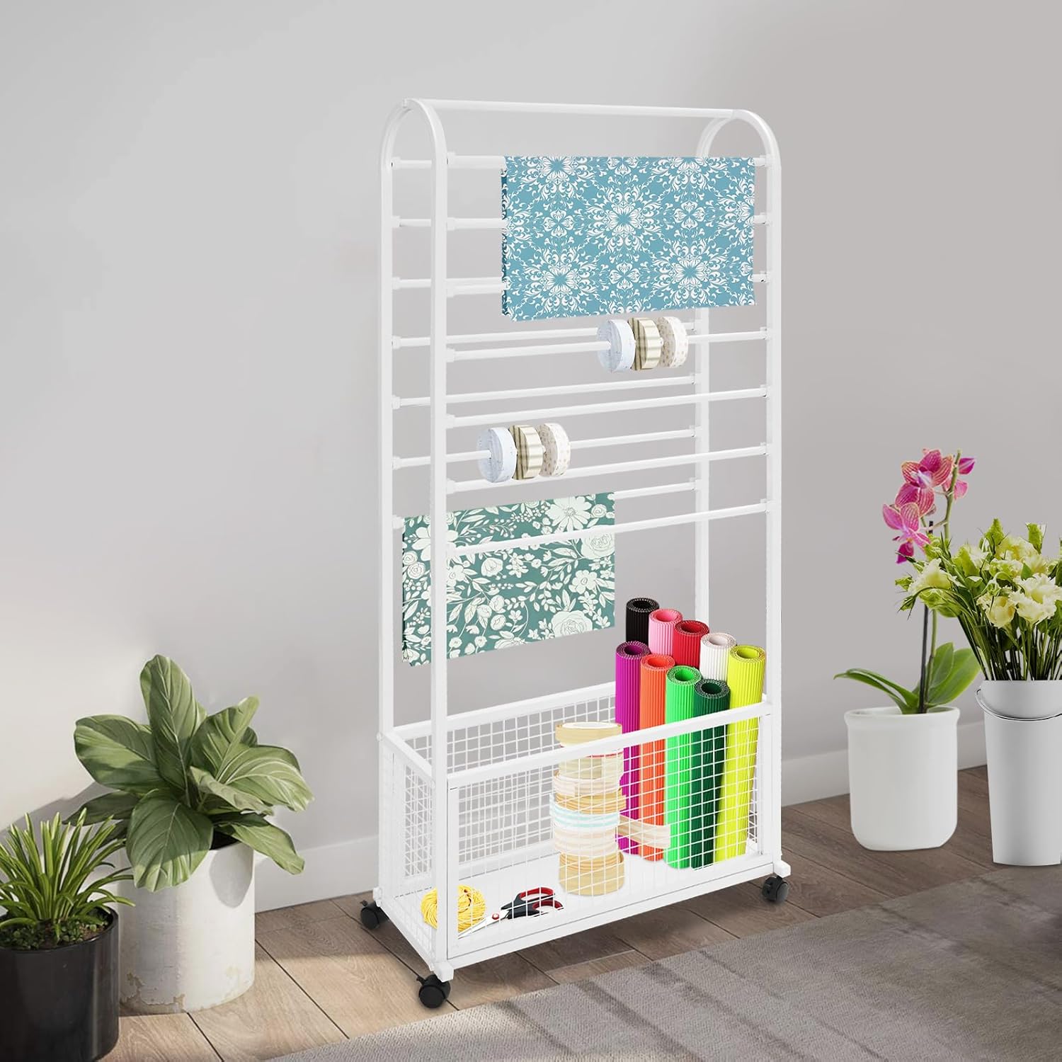 15-Layer Floor Standing Ribbon Organizer Rack, 65" Metal Flower Wrapping Paper Storage Stand, Flower Shop Packaging Paper Storage Stand for Home Craft Room Clothing Store, White