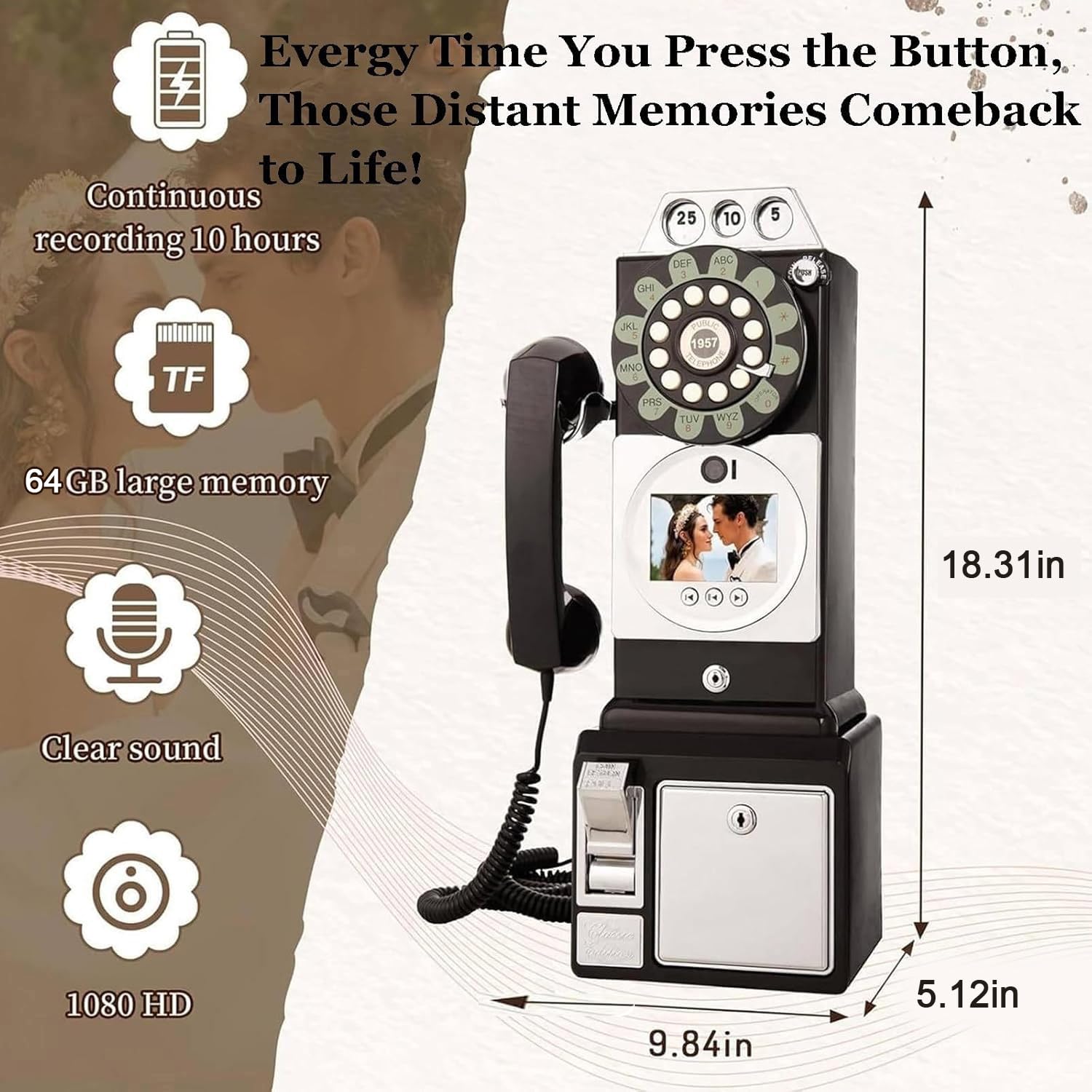 64g Audio Video Guestbook Phone Booth Registratore per Matrimoni - Modello di Cabina Telefonica retrò - 1080p Wedding Guestbook - Un'ottima Aggiunta a Qualsiasi Occasione Speciale Black
