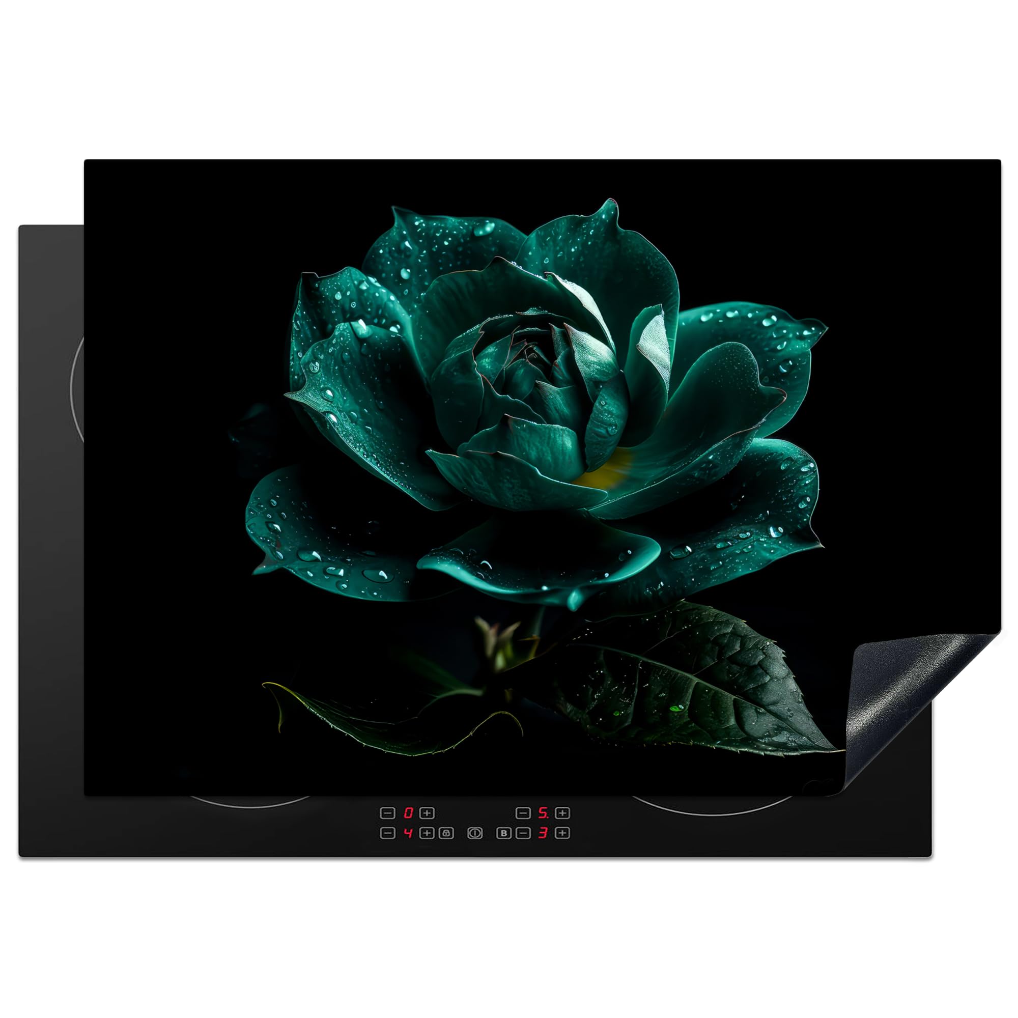 KitchenYeah© Induction Hob Protector Mat 20.5"x29.5" / 75x52 cm Stove Cap Top Cover Kitchen Cooker Covers for Electric Hobs Vinyl Flowers - Roses - Blue - Portrait - Black