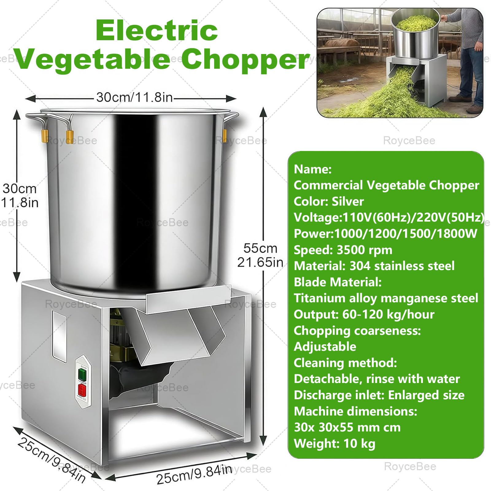 Picadora de Verduras Eléctrica 1800W, 3500 RPM, Trituradora de Cereales y Forraje, Producción 50-120 kg/h, Regulación de Fineza, para Gallinas Camperas, INOX