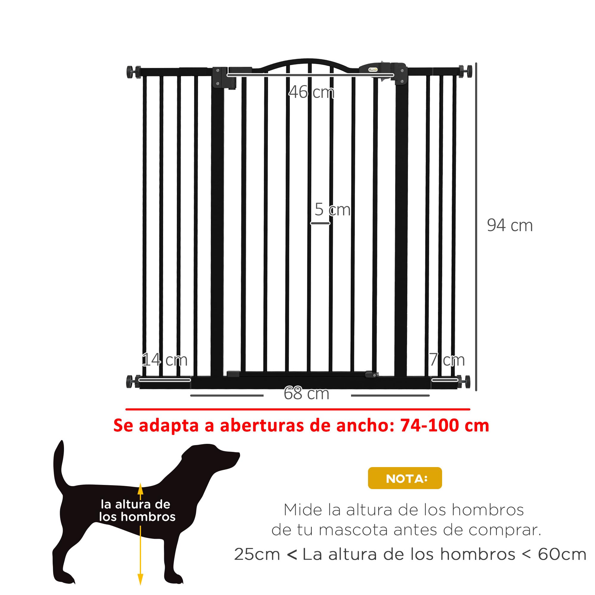 PawHut Barrera de Seguridad para Perros Extensible 74-100 cm, para Puertas y Escaleras, Barrera para Perros Medianos con 2 Extensiones 7/14 cm, Montaje a Presión y Doble Bloqueo, Negro