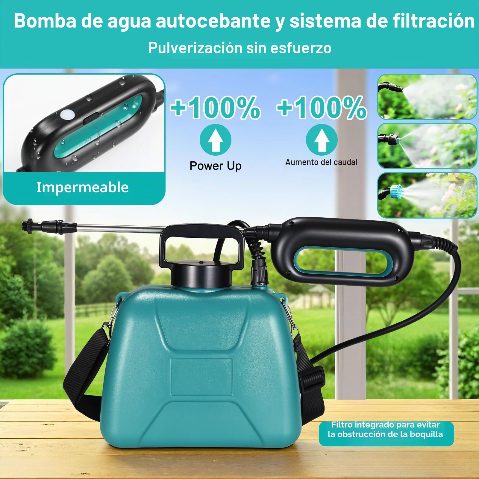 TLGREEN Pulverizador Eléctrico 8L, 7.4V/2000mAh Pulverizador de Jardín a Batería Recargable, con 3 Boquillas Regulable Varita Retráctil, Correa de Hombro Ajustable, para Plantas Jeringa de Malas