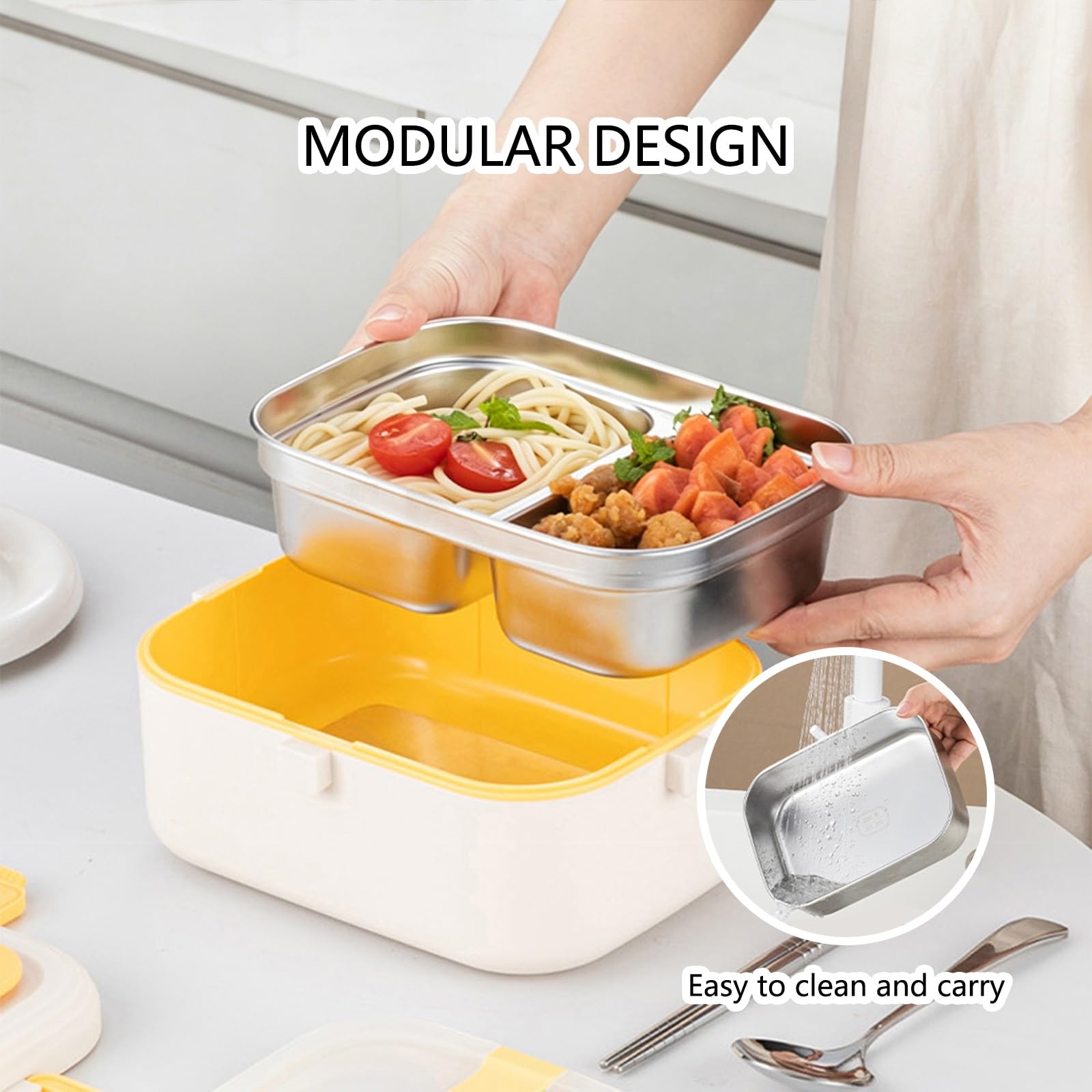 Fiambrera con Recipiente Interior de Acero Inoxidable 304 | Sin Necesidad de Añadir Agua,Fácil de Limpiar,a Prueba de Fugas,ideal for la Oficina(Beige,Single compartment)