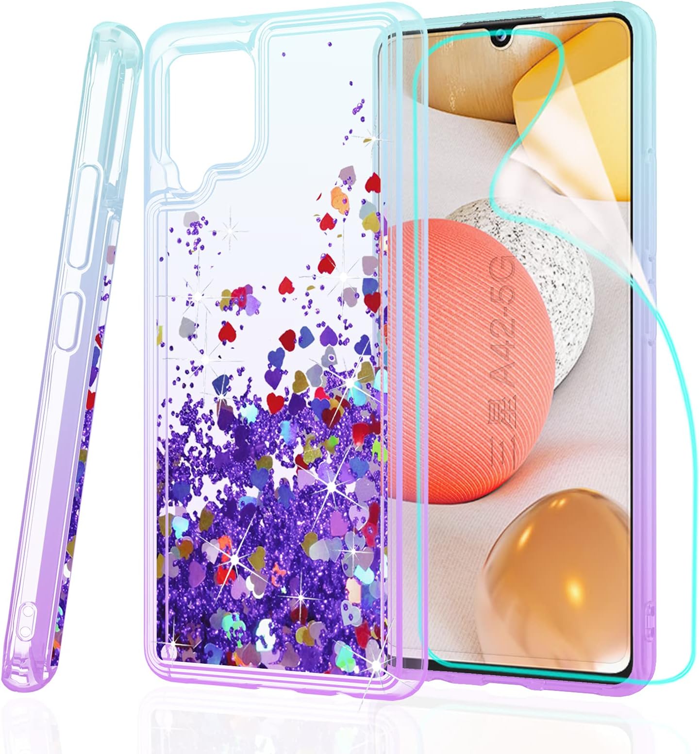 ZingCon Compatible for Samsung Galaxy A42 5G Phone Case,[HD Screen Protector] Heavy Duty Shockproof Glitter Waterfall Quicksand Protective Case for Galaxy A42-Lake/Purple