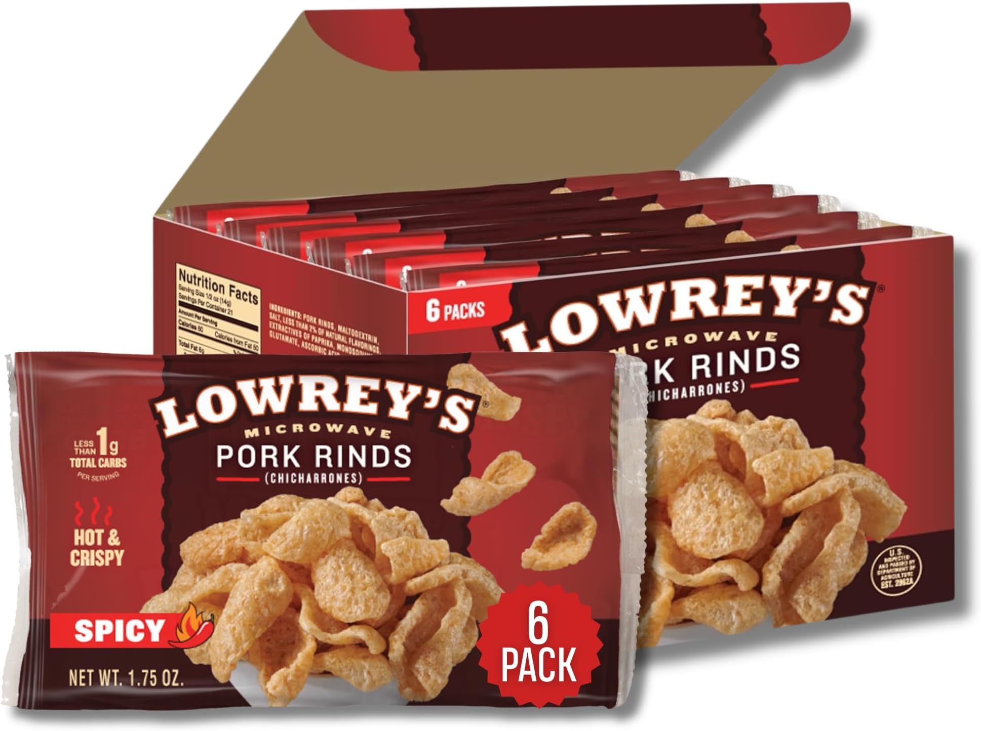 Lowrey Curls Bacon, Microwave Pork Rinds, Hot & Spicy, 1.75-Ounce Pack (6 Pack) Thank you for your Trust in our Services