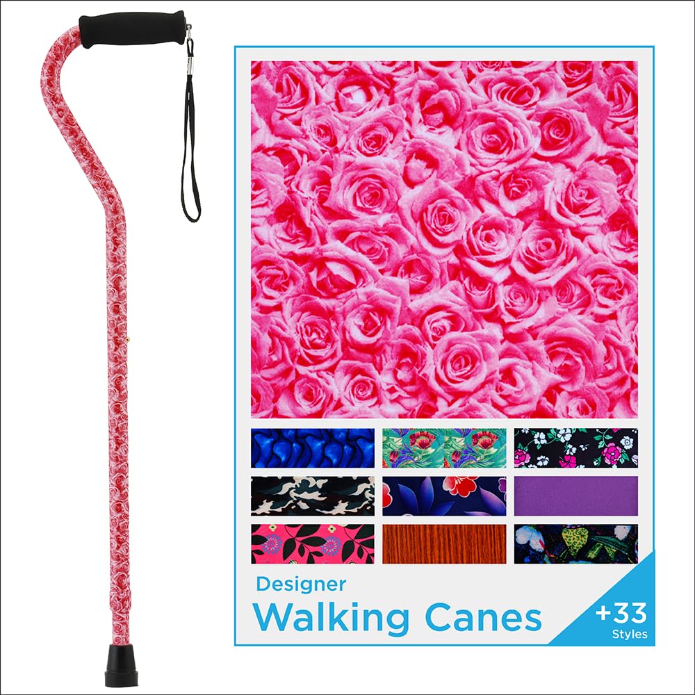 Nova Joy Designer Offset Walking Cane for Seniors - Unisex Adjustable Lightweight Aid with Foam Handle, Wrist Strap and Anti-Rattle Lock - Essential Mobility Support - Roses