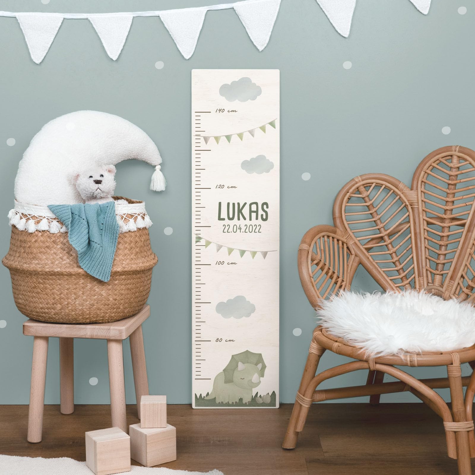 Personalisierte Messlatte für Kinder mit buntem Wunschdruck - 70-140 cm - Größenmesser Kinderzimmer aus Holz - Wand Dekoration Messleiste Kind - Personalisiertes Geschenk Baby (Grüner Dino)
