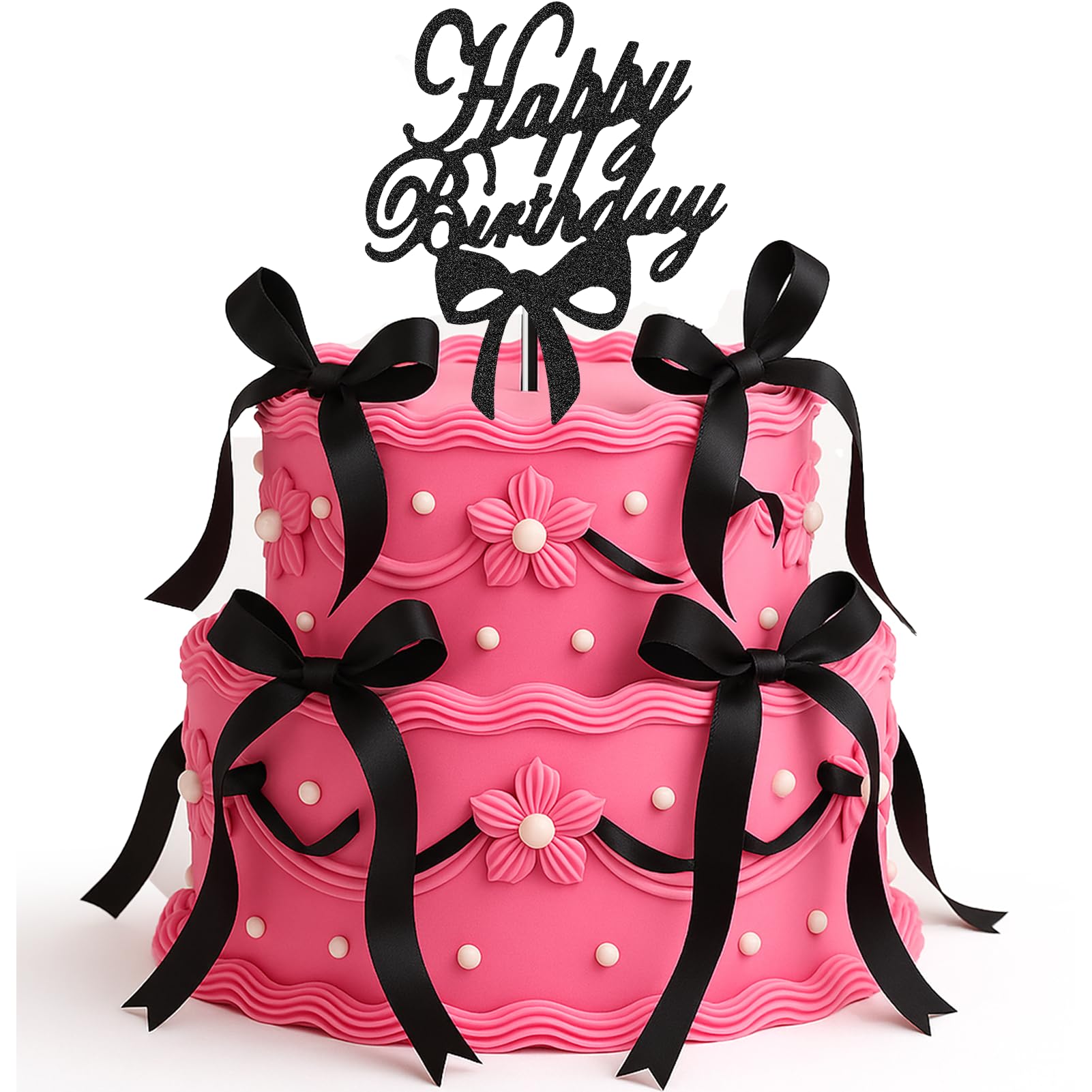 PhilaeEC Black Bow Cake Topper Set - Vintage Ribbon Bows With Happy Birthday Sign