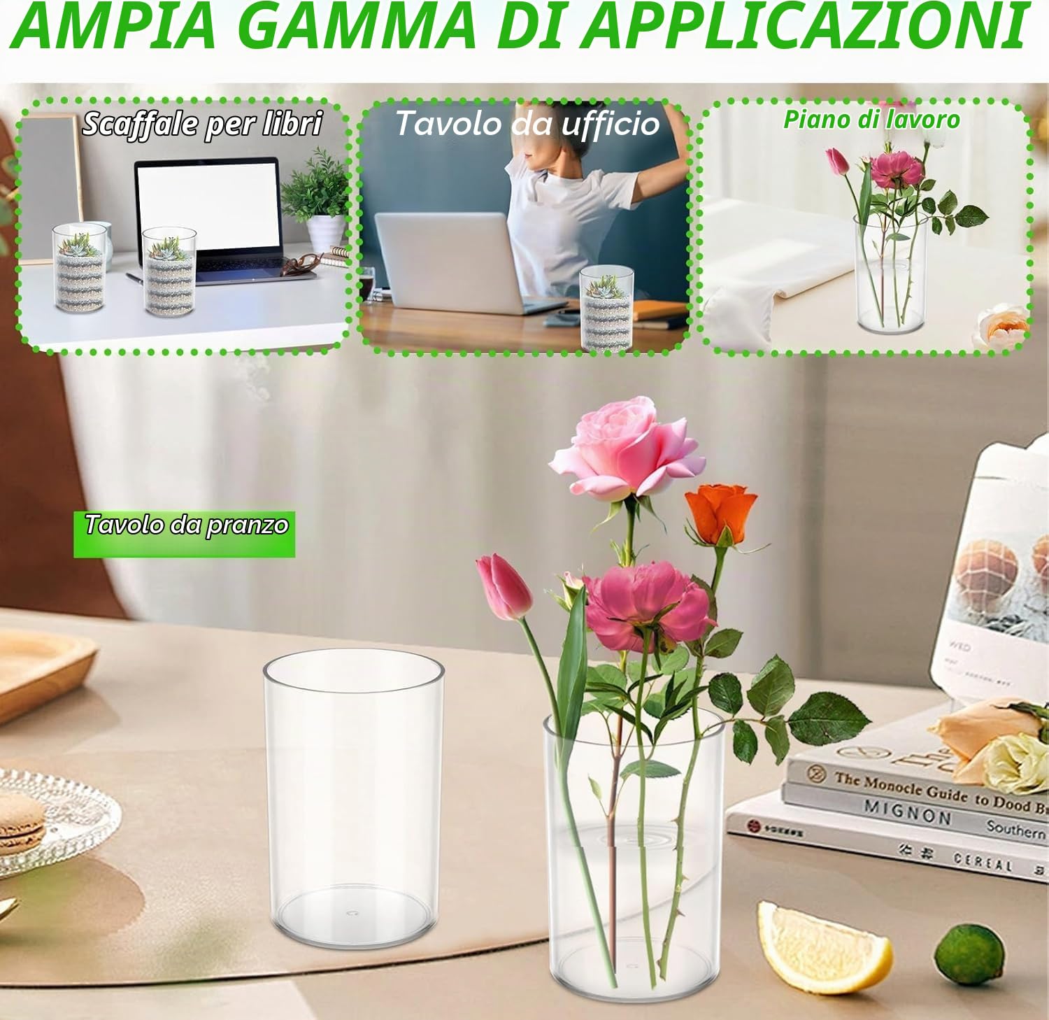 30 vasi cilindrici in plastica da 10 cm, in acrilico, piccoli contenitori trasparenti per fiori, portacandele rotondi e larghi, centrotavola per casa, ufficio, decorazione per matrimoni